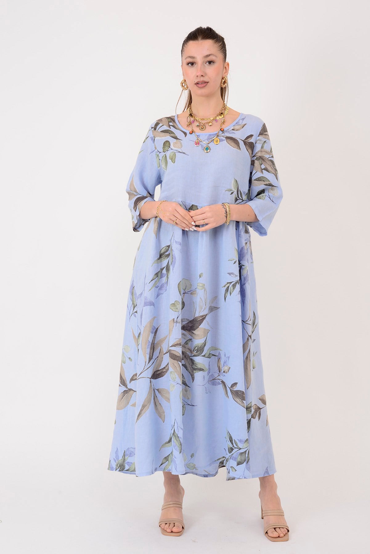 7148 SPRING YAPRAK DESEN KETEN ELBİSE