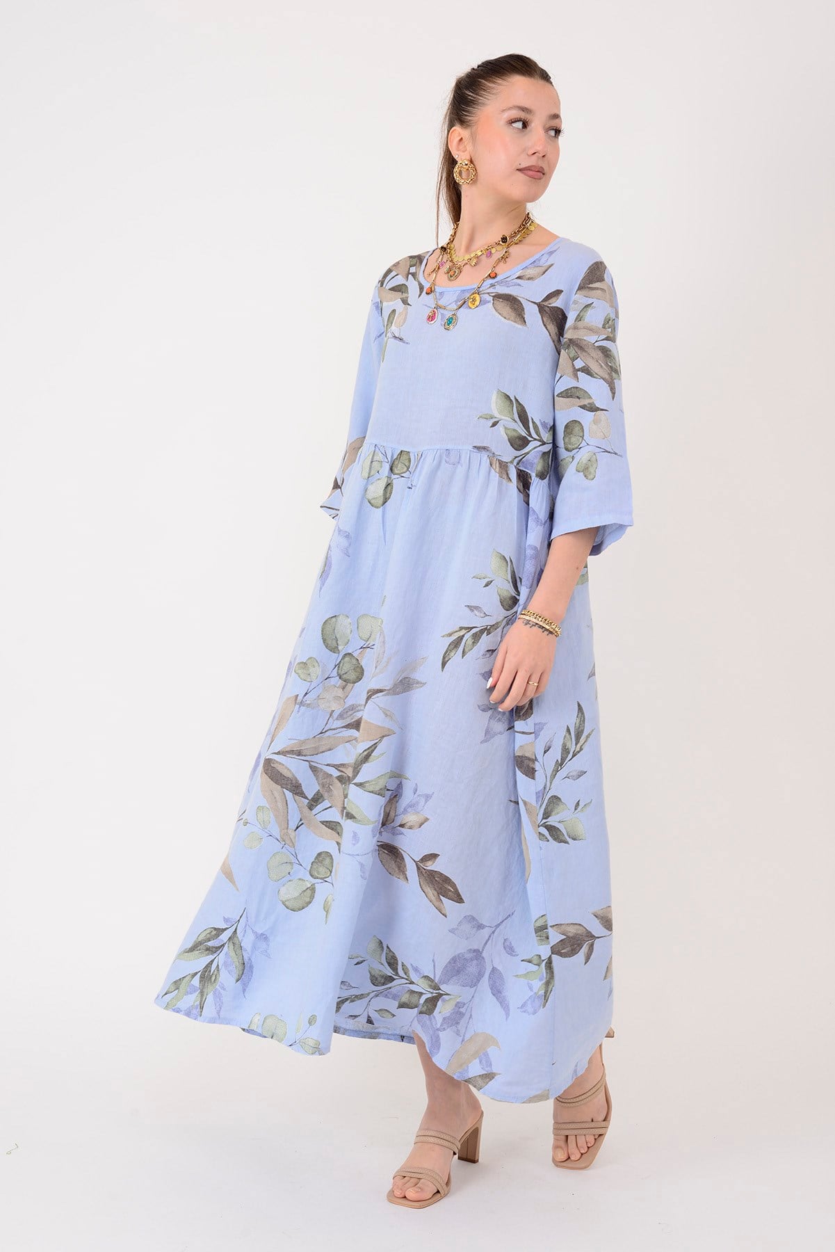 7148 SPRING YAPRAK DESEN KETEN ELBİSE