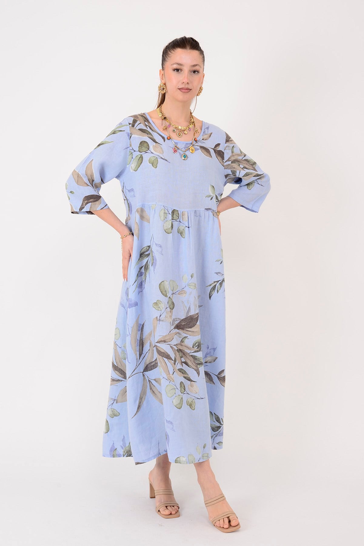 7148 SPRING YAPRAK DESEN KETEN ELBİSE