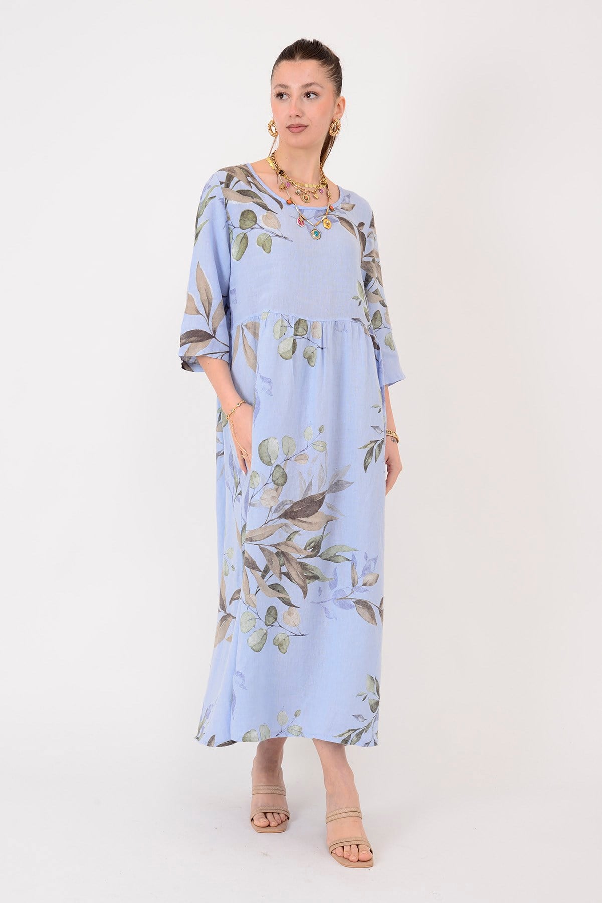 7148 SPRING YAPRAK DESEN KETEN ELBİSE