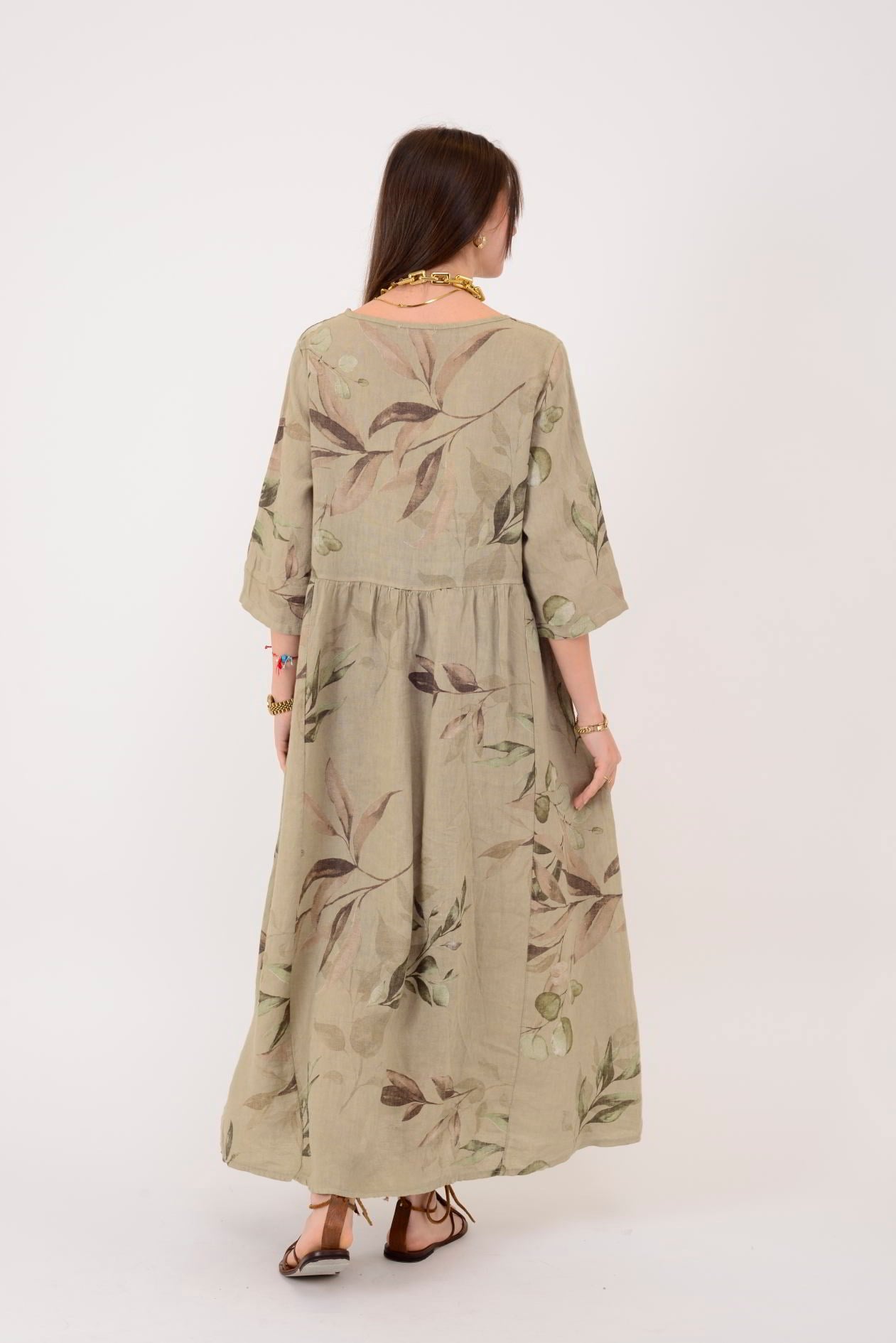 7148 SPRING YAPRAK DESEN KETEN ELBİSE