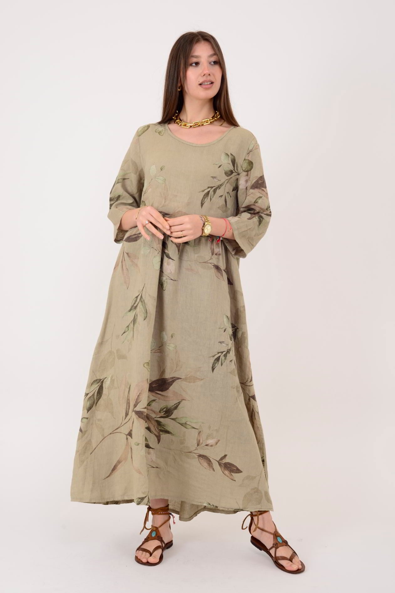 7148 SPRING YAPRAK DESEN KETEN ELBİSE