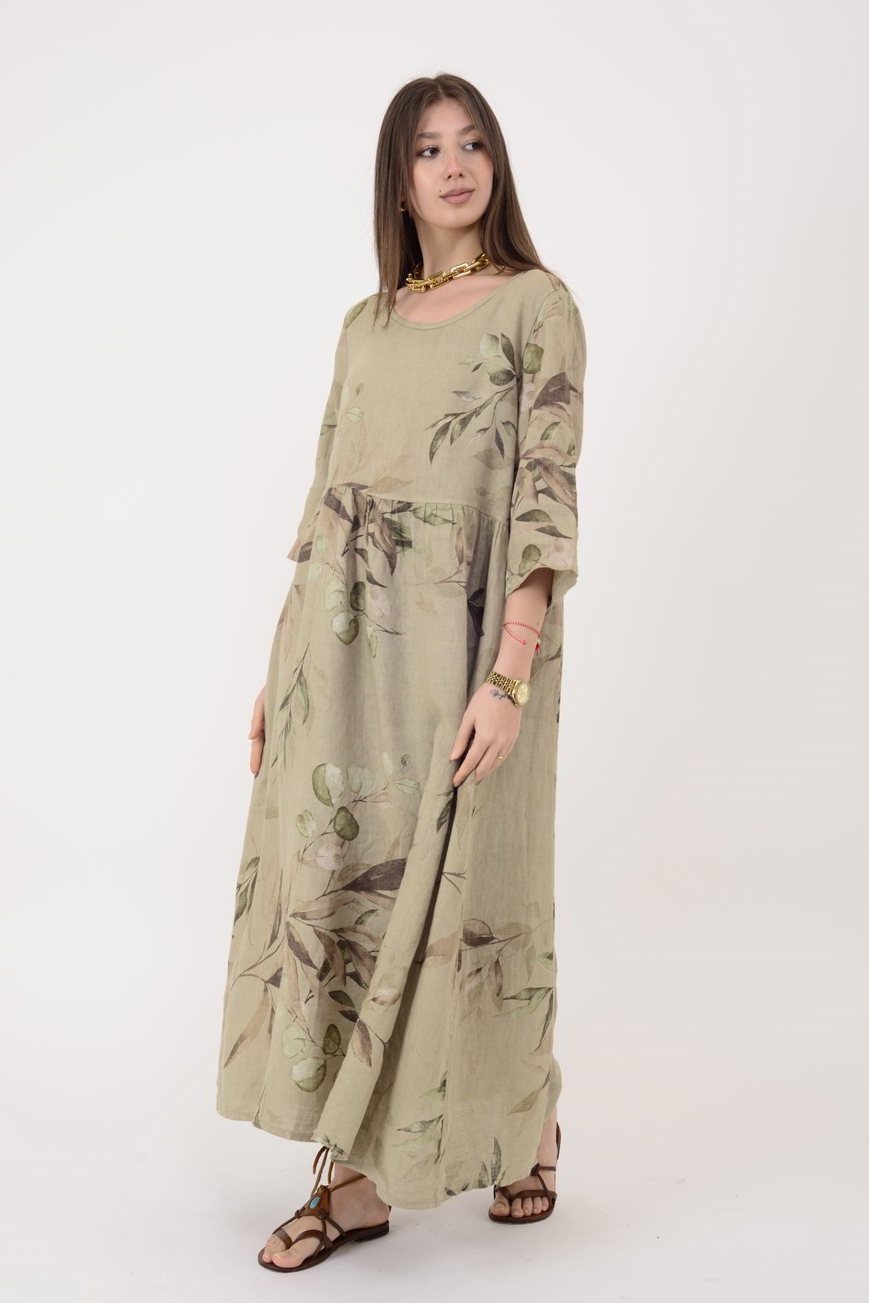 7148 SPRING YAPRAK DESEN KETEN ELBİSE