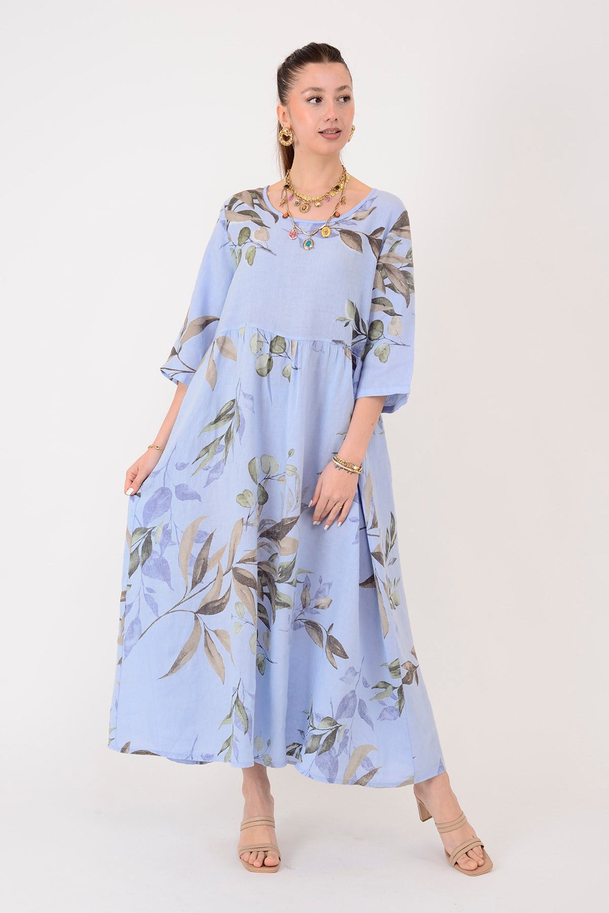 7148 SPRING YAPRAK DESEN KETEN ELBİSE