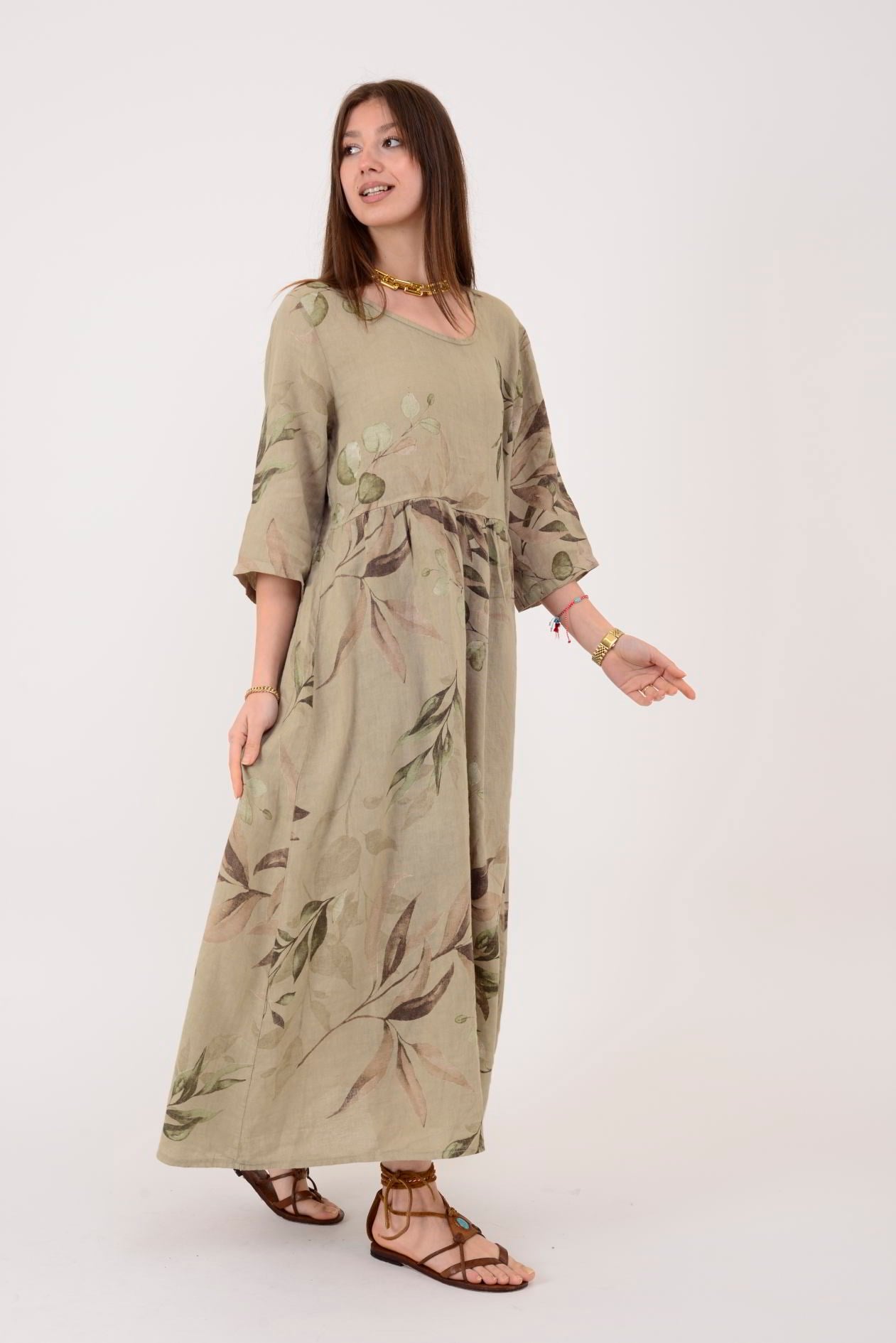 7148 SPRING YAPRAK DESEN KETEN ELBİSE