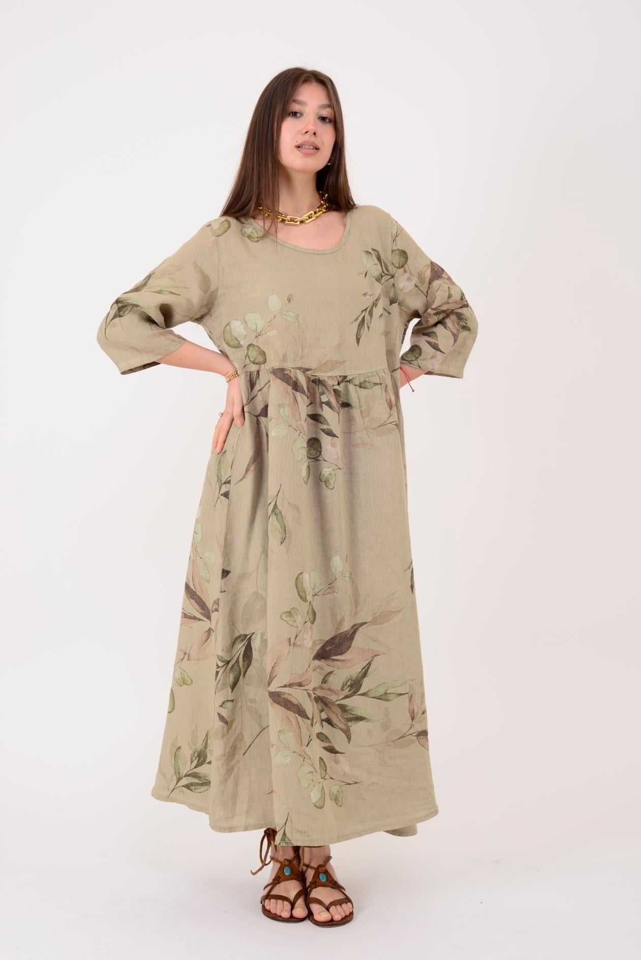 7148 SPRING YAPRAK DESEN KETEN ELBİSE