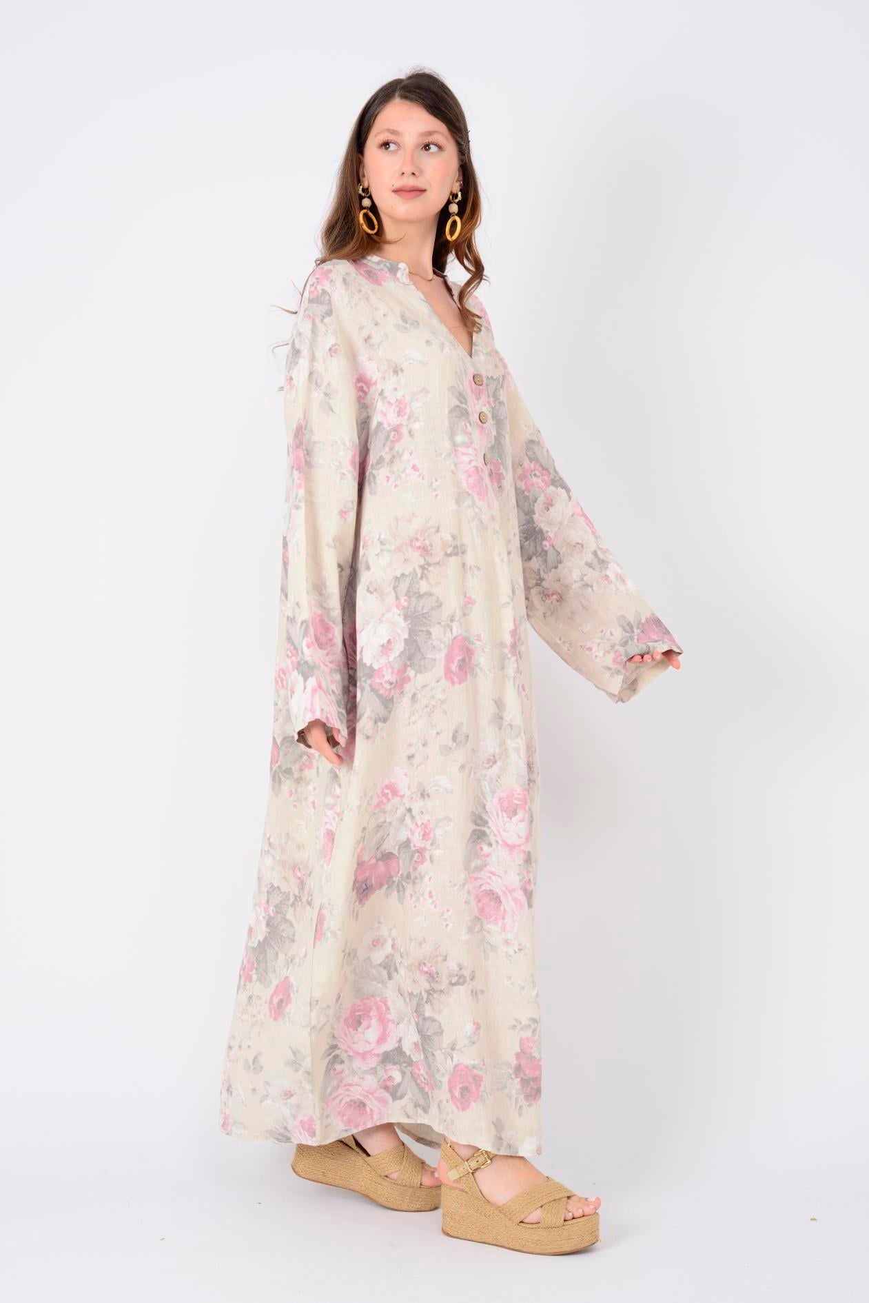 72230 SPRING ÇİÇEK DESEN KETEN ELBİSE