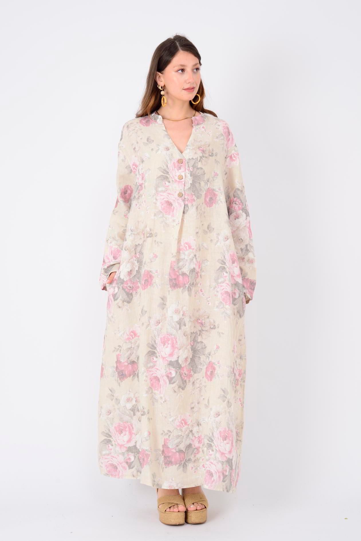 72230 SPRING ÇİÇEK DESEN KETEN ELBİSE