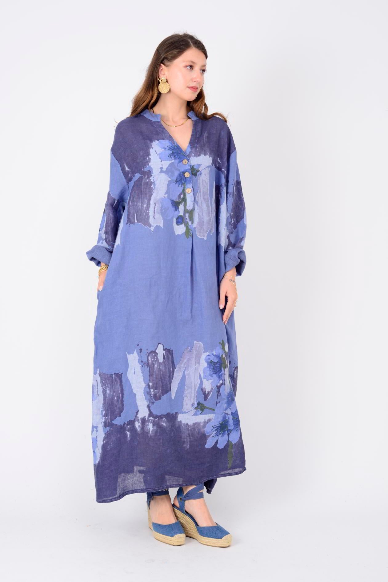 72230 SPRING SPLASH ÇİÇEK DESEN KETEN ELBİSE