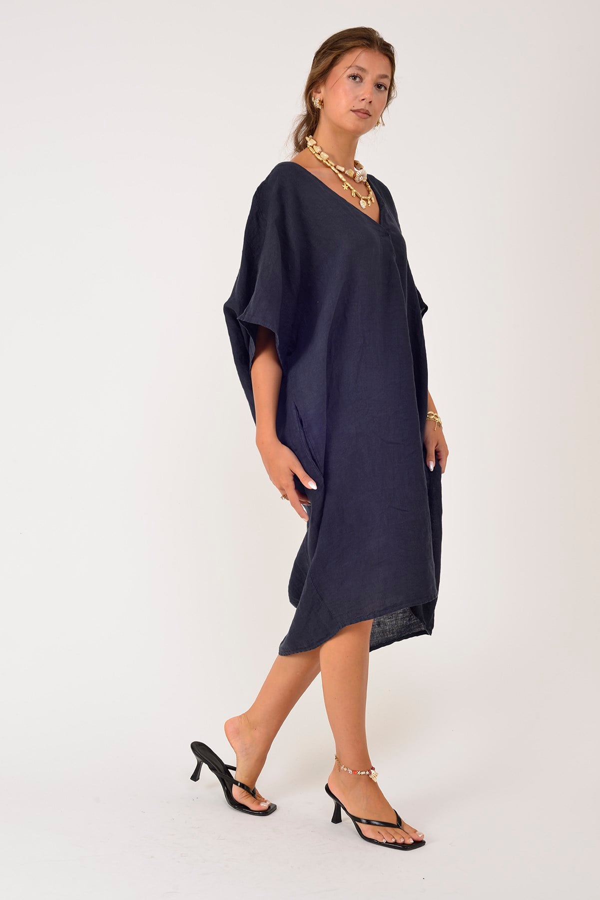 72480 V YAKA OVERSIZE KETEN ELBİSE