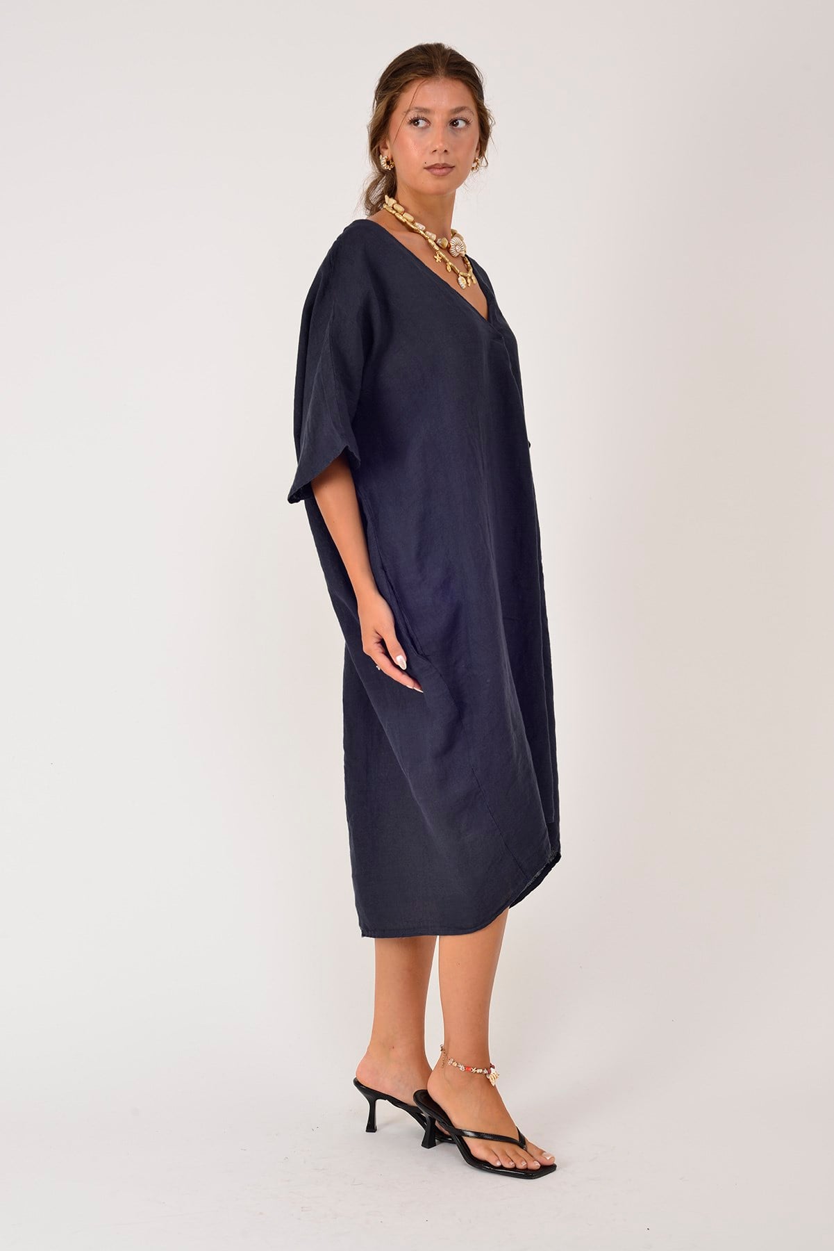 72480 V YAKA OVERSIZE KETEN ELBİSE