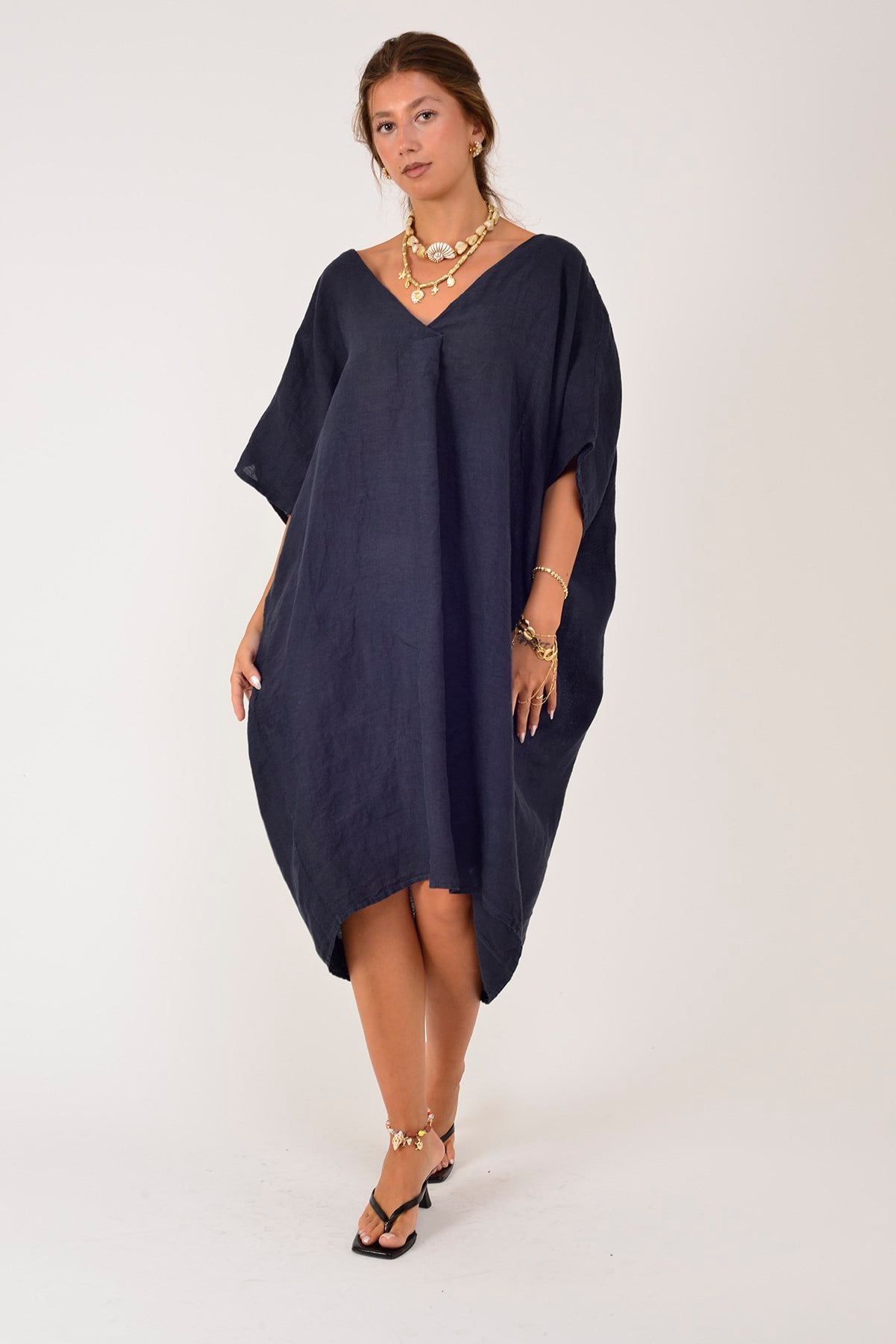 72480 V YAKA OVERSIZE KETEN ELBİSE