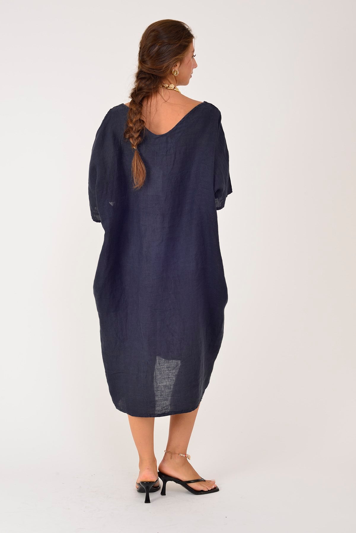 72480 V YAKA OVERSIZE KETEN ELBİSE