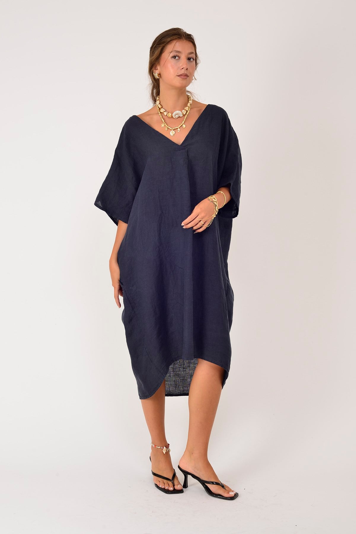 72480 V YAKA OVERSIZE KETEN ELBİSE