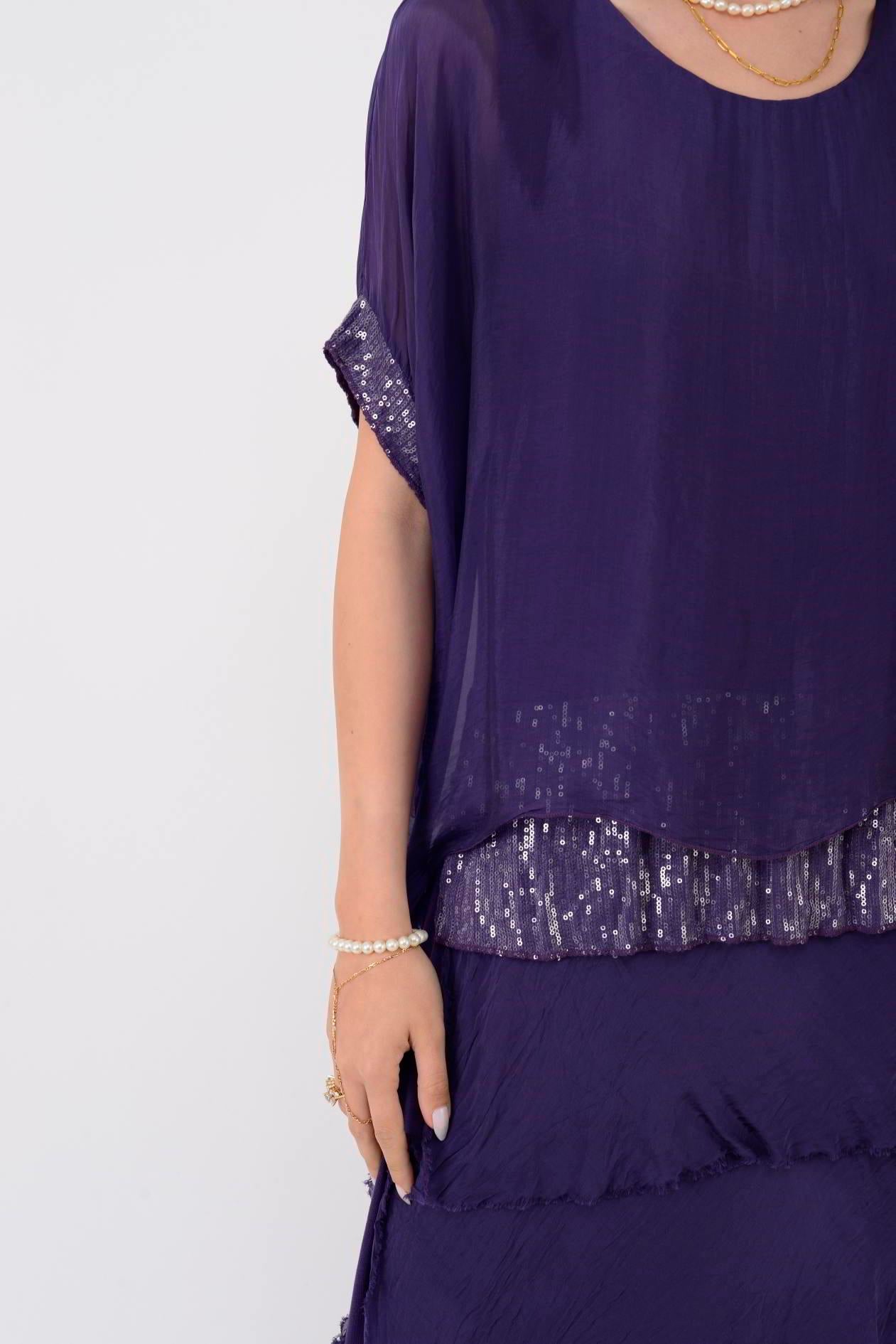 7266 YARASA KOL PAYET DETAYLI KAT KAT İPEK ELBİSE