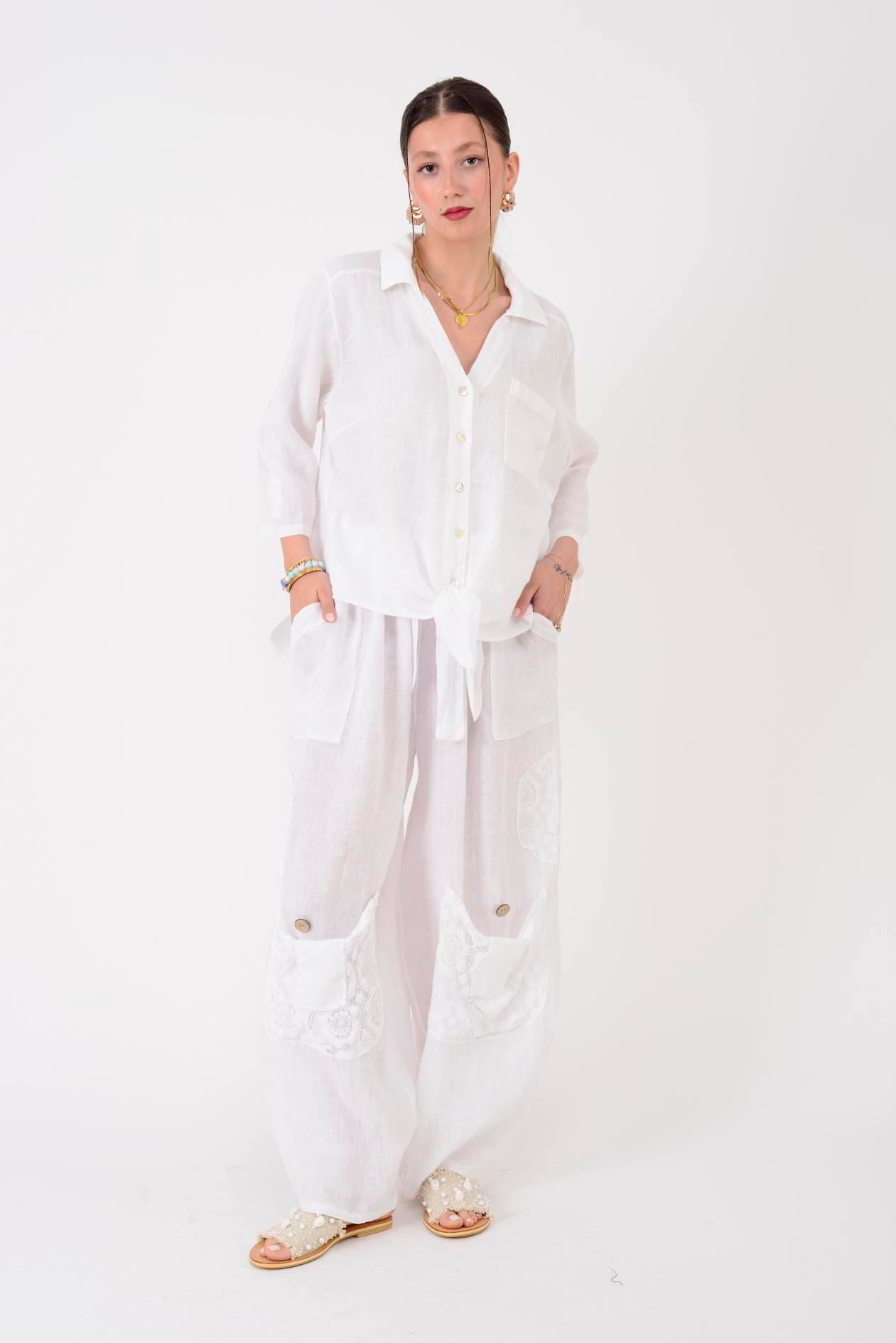 7321 DANTELM DETAYLI KEMERLİ KETEN PANTOLON