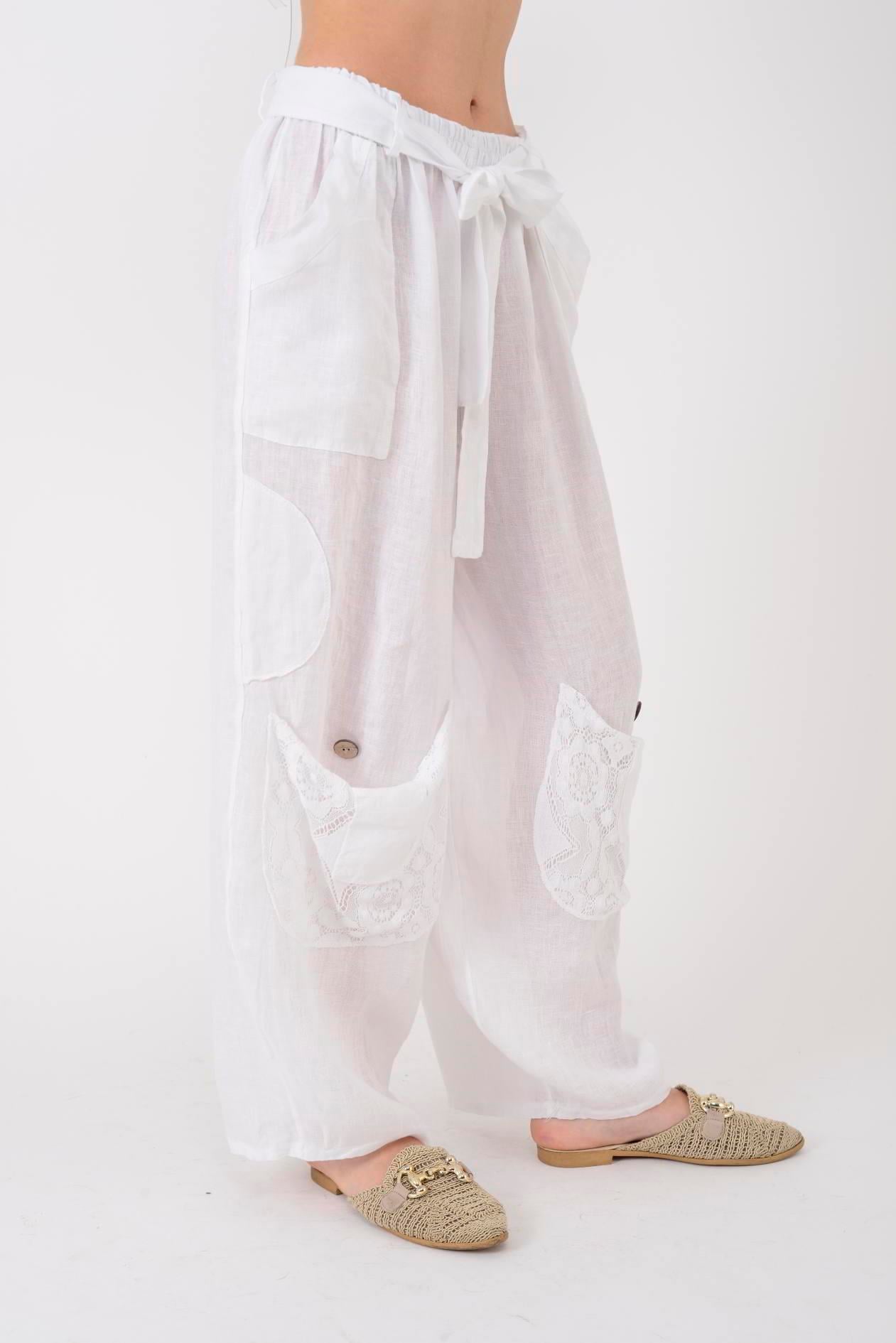 7321 DANTELM DETAYLI KEMERLİ KETEN PANTOLON