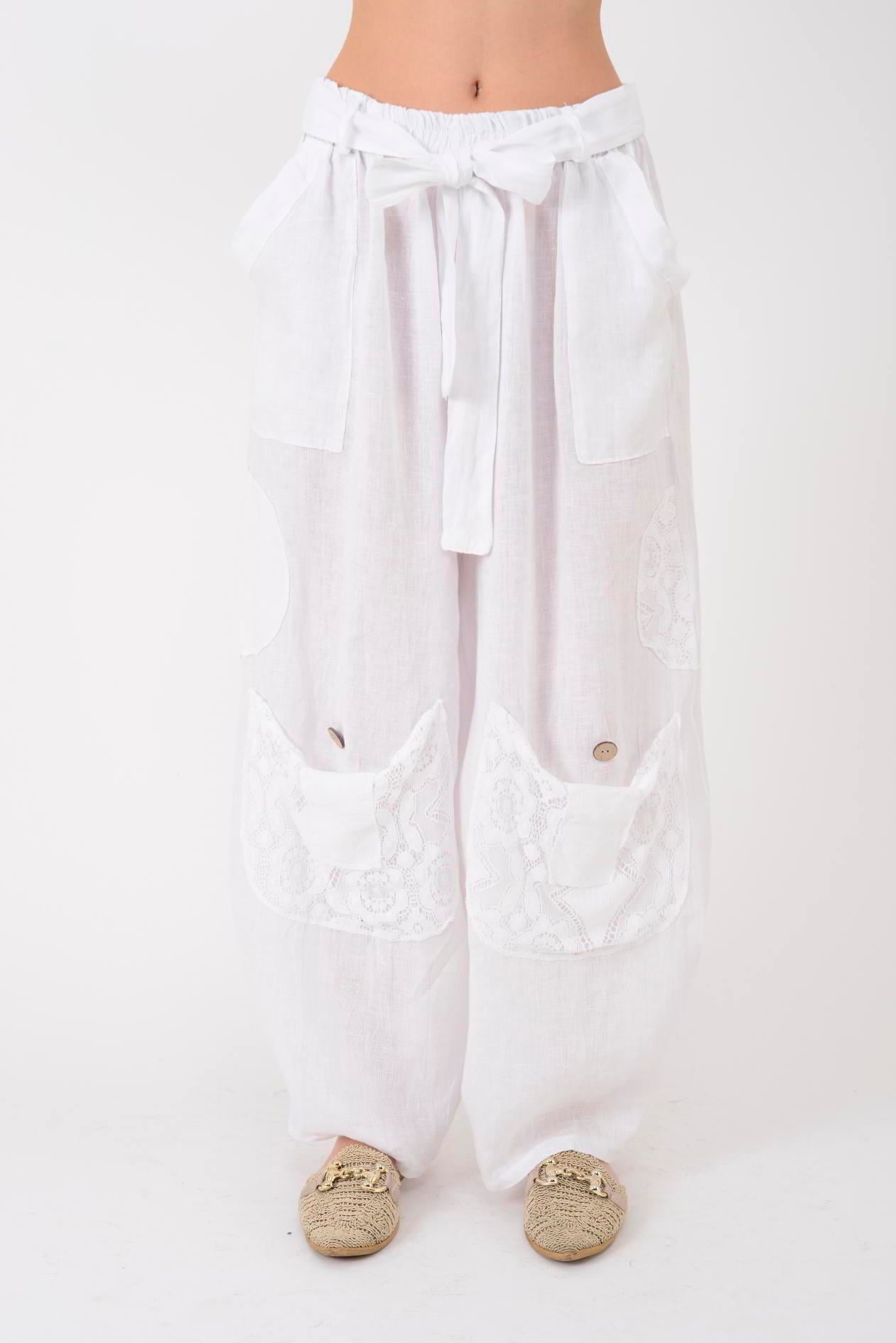 7321 DANTELM DETAYLI KEMERLİ KETEN PANTOLON