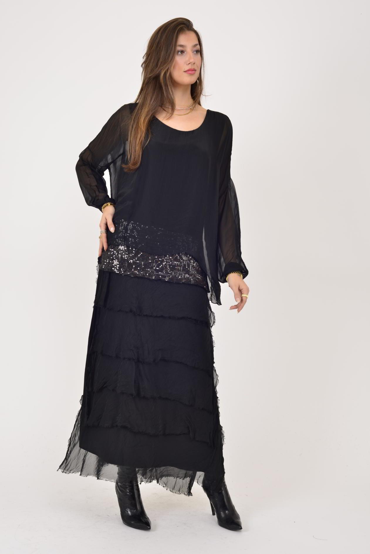 7509 PUL DETAYLI UZUN KOL KAT KAT İPEK ELBİSE