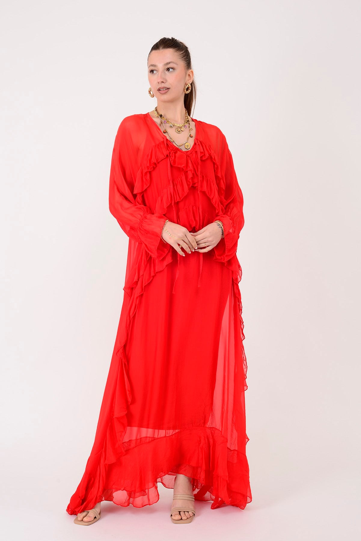 7522 DUBLIN FARBALALI ASTARLI UZUN İPEK ELBİSE