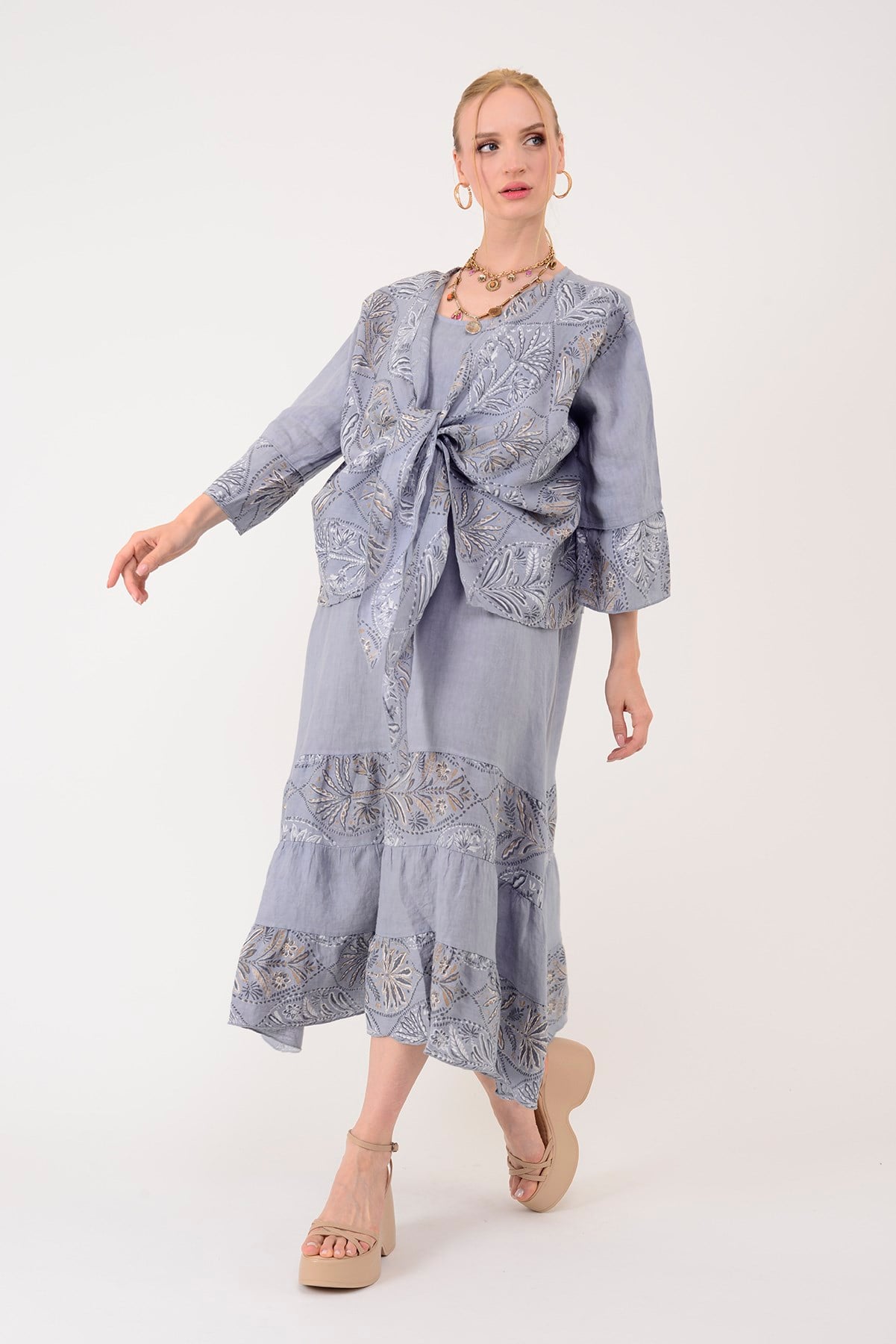 8399 LOVA YAPRAK DESEN BOLERO CEKETLİ 2Lİ KETEN TAKIM