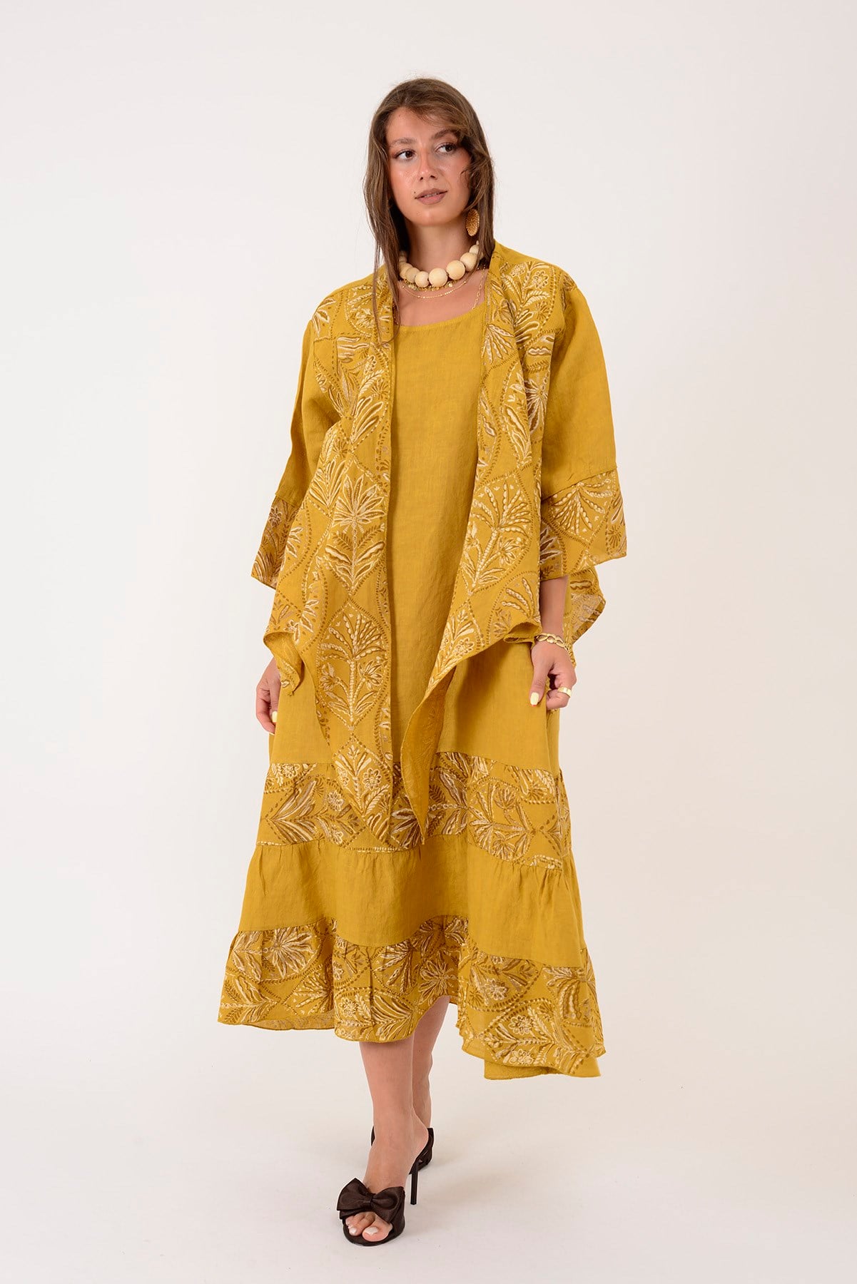 8399 LOVA YAPRAK DESEN BOLERO CEKETLİ 2Lİ KETEN TAKIM
