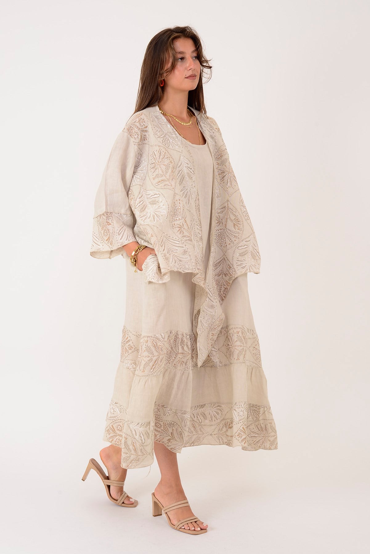 8399 LOVA YAPRAK DESEN BOLERO CEKETLİ 2Lİ KETEN TAKIM