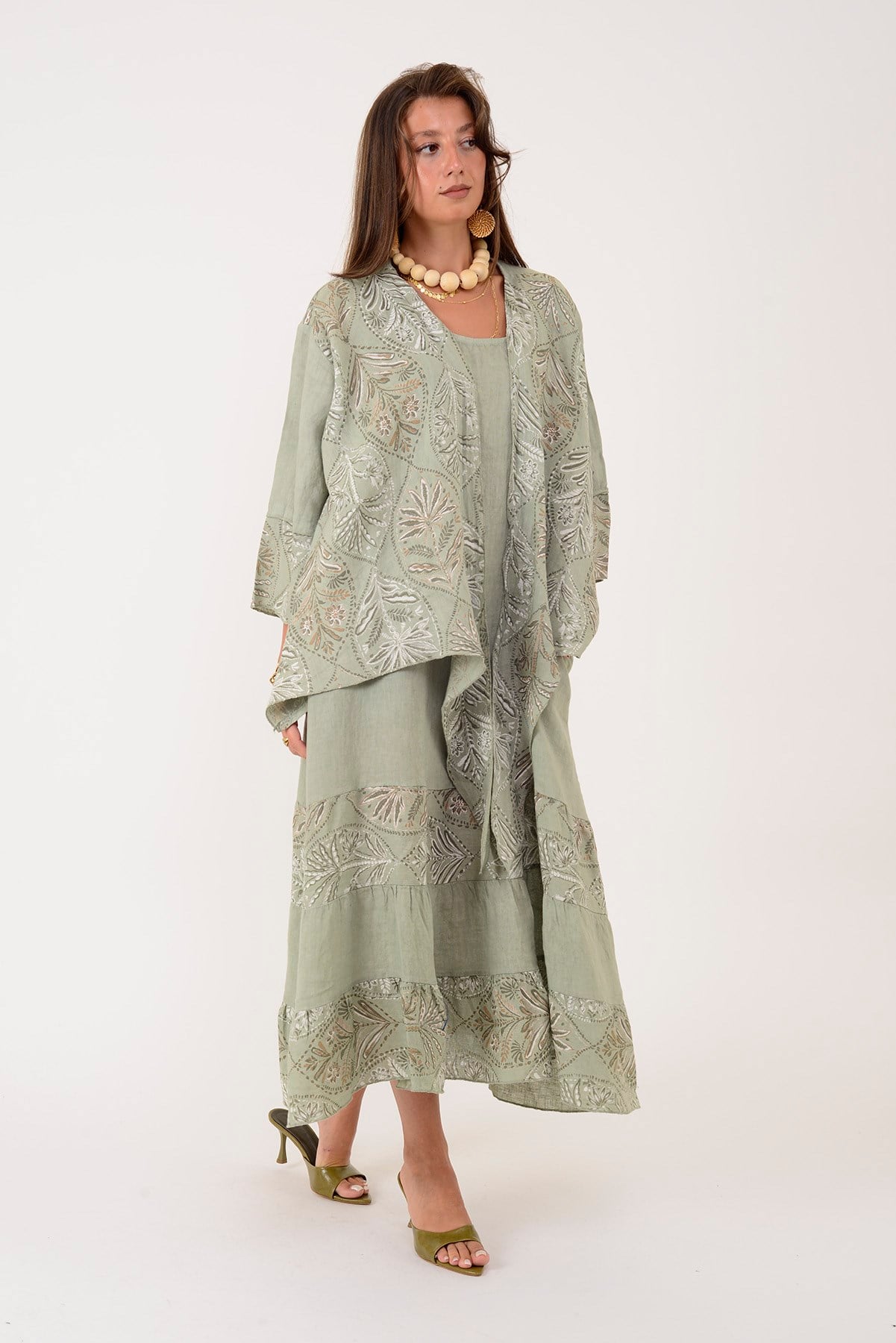 8399 LOVA YAPRAK DESEN BOLERO CEKETLİ 2Lİ KETEN TAKIM
