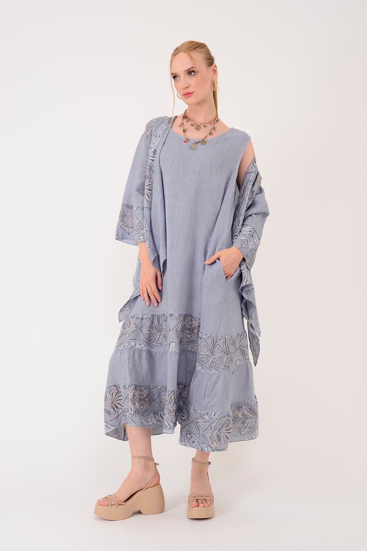 8399 LOVA YAPRAK DESEN BOLERO CEKETLİ 2Lİ KETEN TAKIM