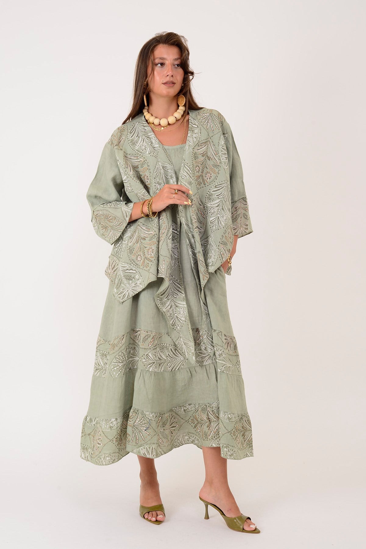 8399 LOVA YAPRAK DESEN BOLERO CEKETLİ 2Lİ KETEN TAKIM