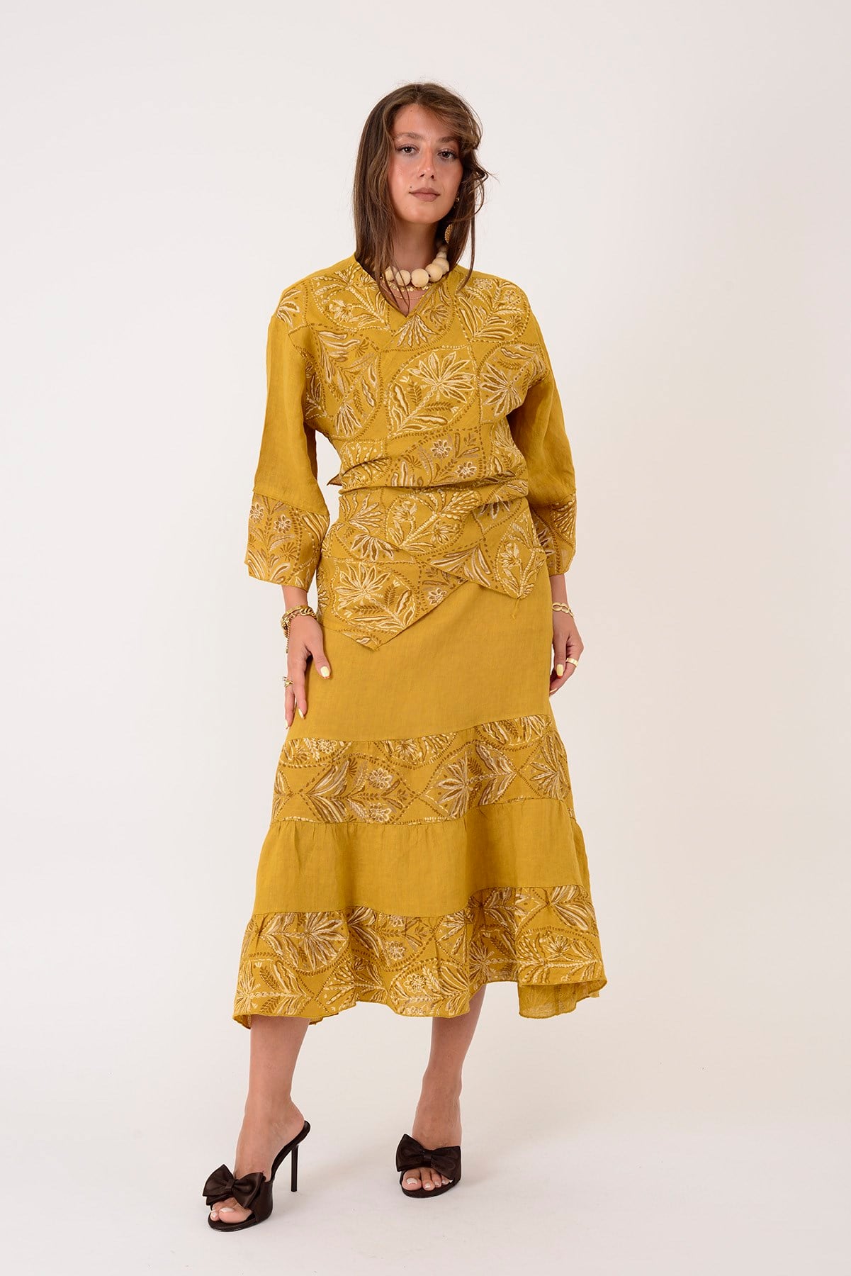 8399 LOVA YAPRAK DESEN BOLERO CEKETLİ 2Lİ KETEN TAKIM