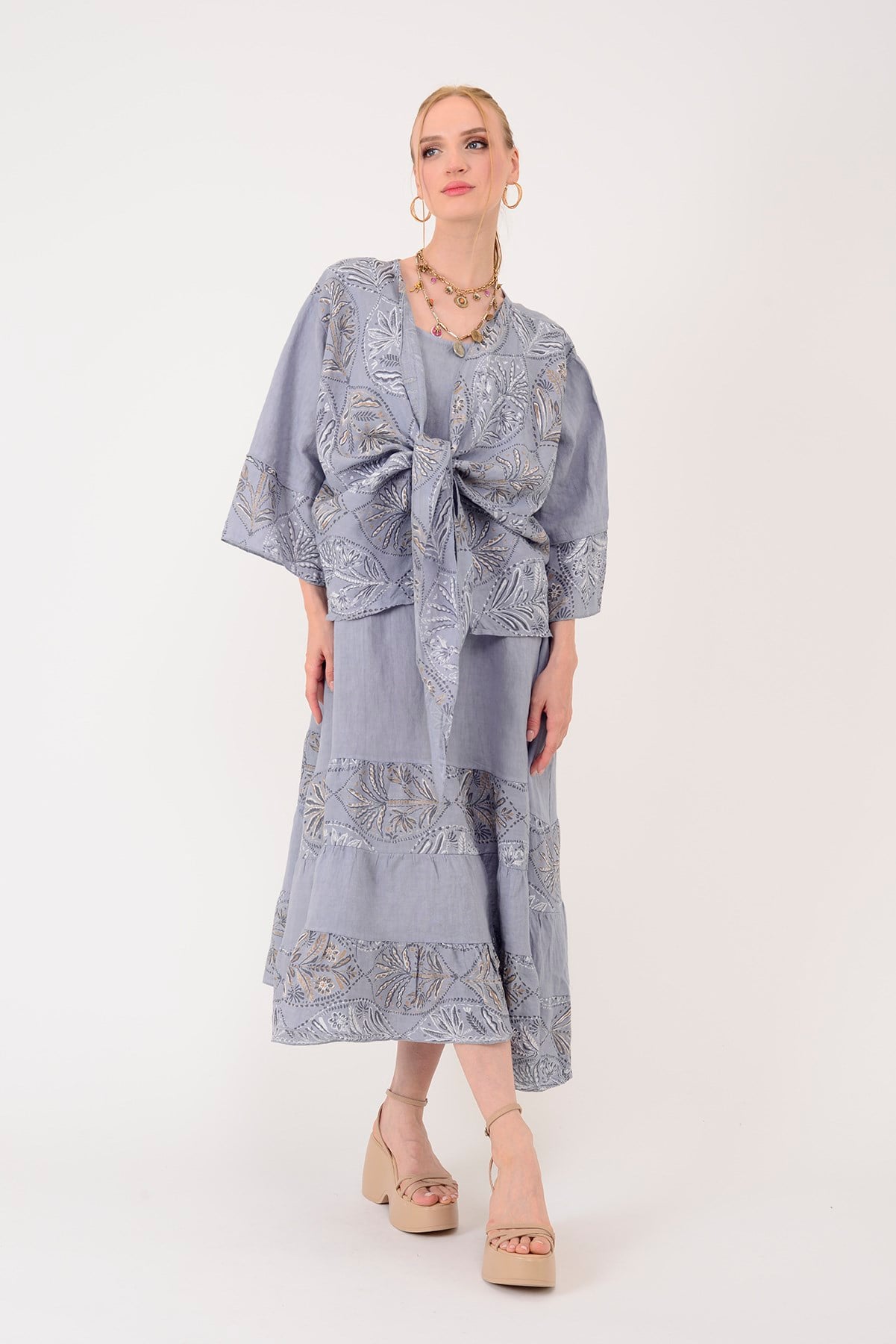8399 LOVA YAPRAK DESEN BOLERO CEKETLİ 2Lİ KETEN TAKIM