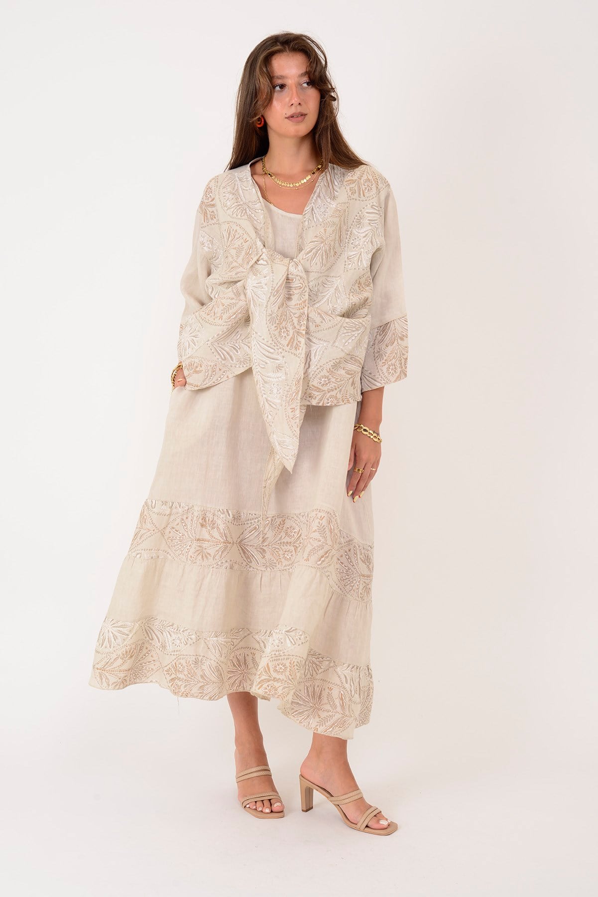 8399 LOVA YAPRAK DESEN BOLERO CEKETLİ 2Lİ KETEN TAKIM