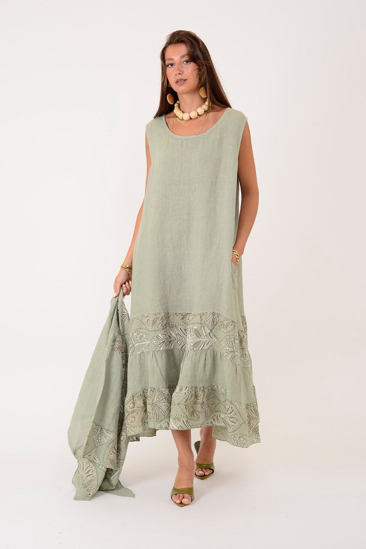 8399 LOVA YAPRAK DESEN BOLERO CEKETLİ 2Lİ KETEN TAKIM