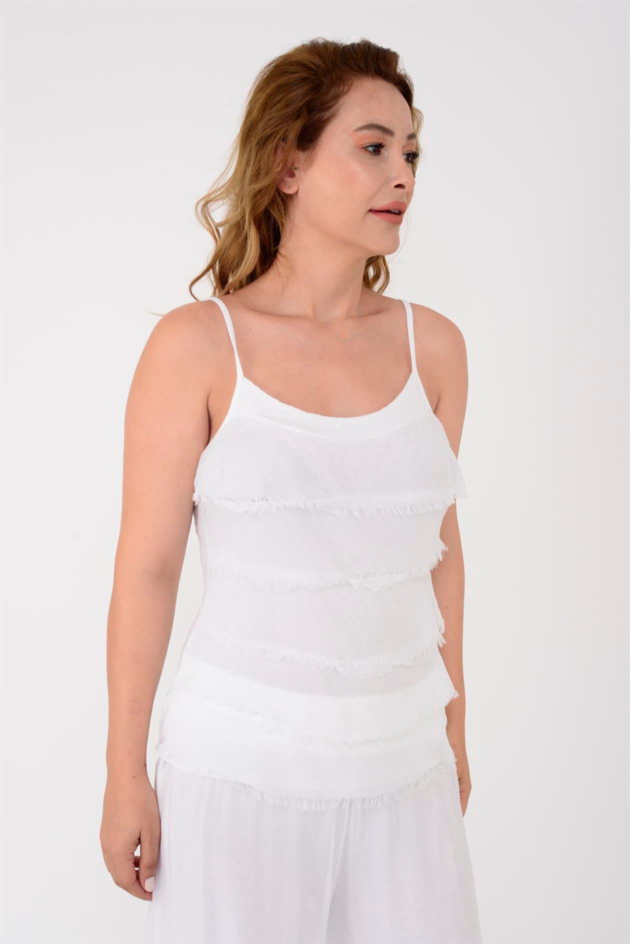 8689 YAKASI PAYETLİ KAT KAT ASKILI İPEK BLUZ