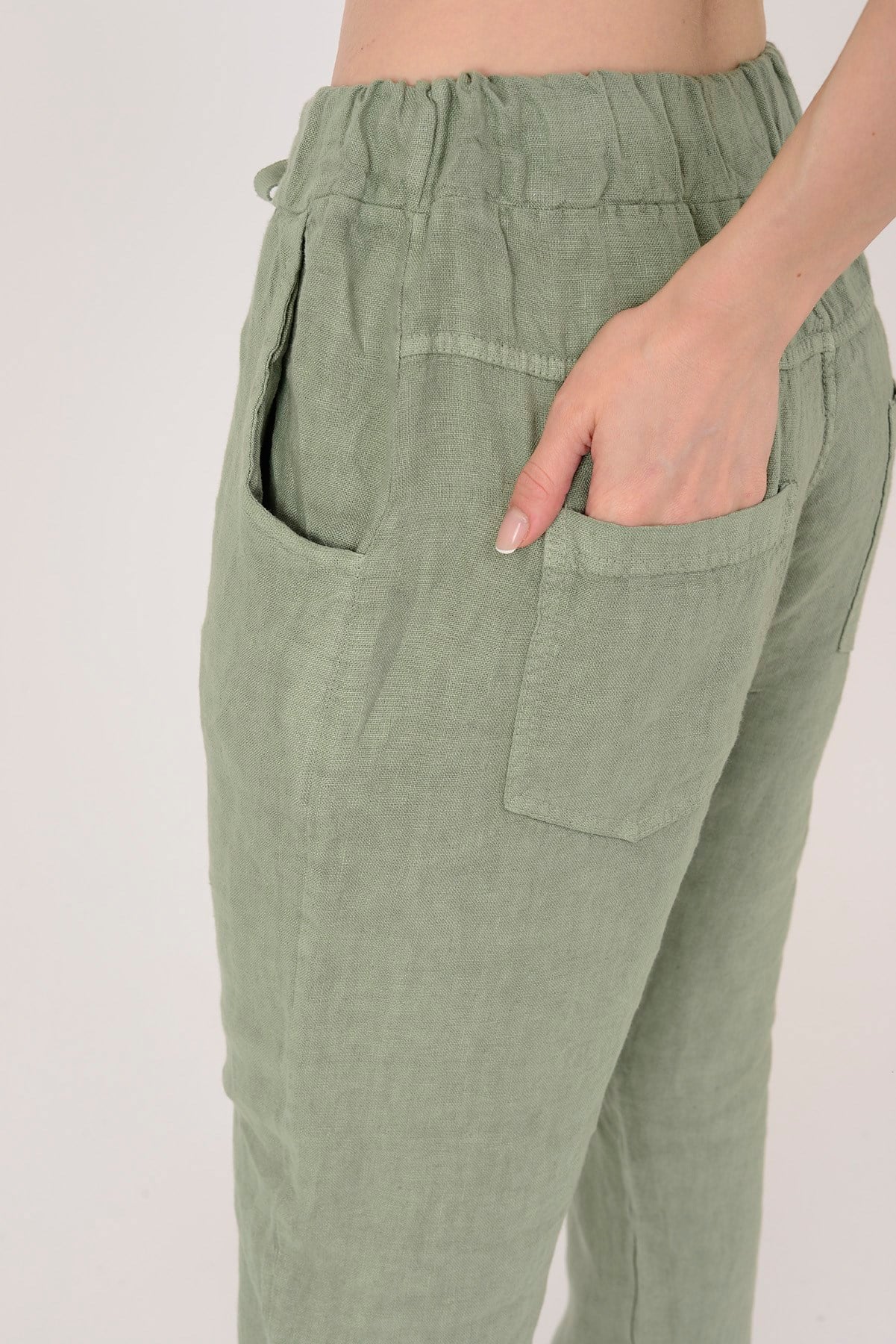 88433 BELİ LASTİKLİ HAVUÇ KETEN PANTOLON