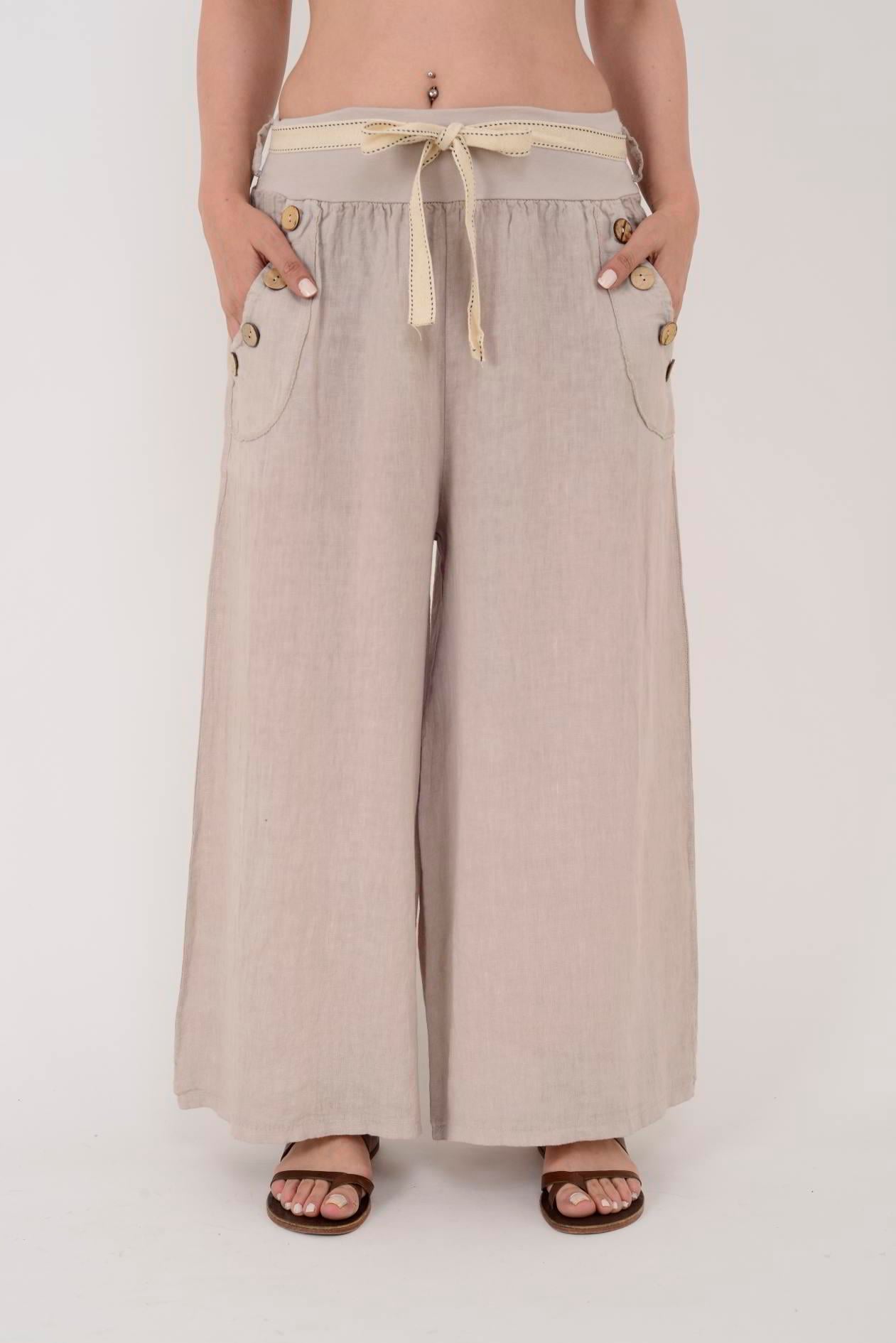 9847 DÜĞME DETAYLI KEMERLİ KETEN PANTOLON