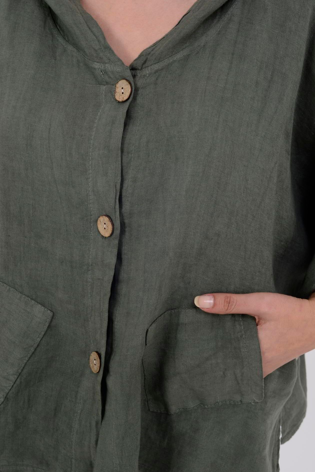 9869 YANLARI DÜĞME DETAYLI KAPÜŞONLU KETEN CEKET