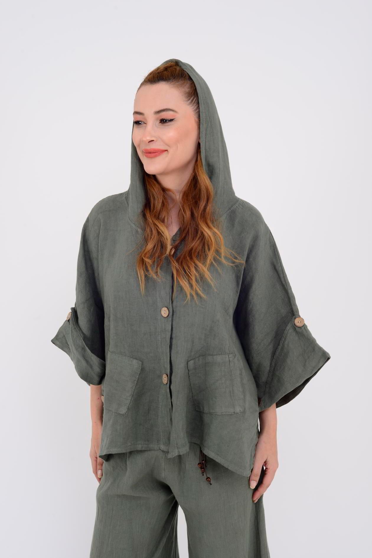 9869 YANLARI DÜĞME DETAYLI KAPÜŞONLU KETEN CEKET