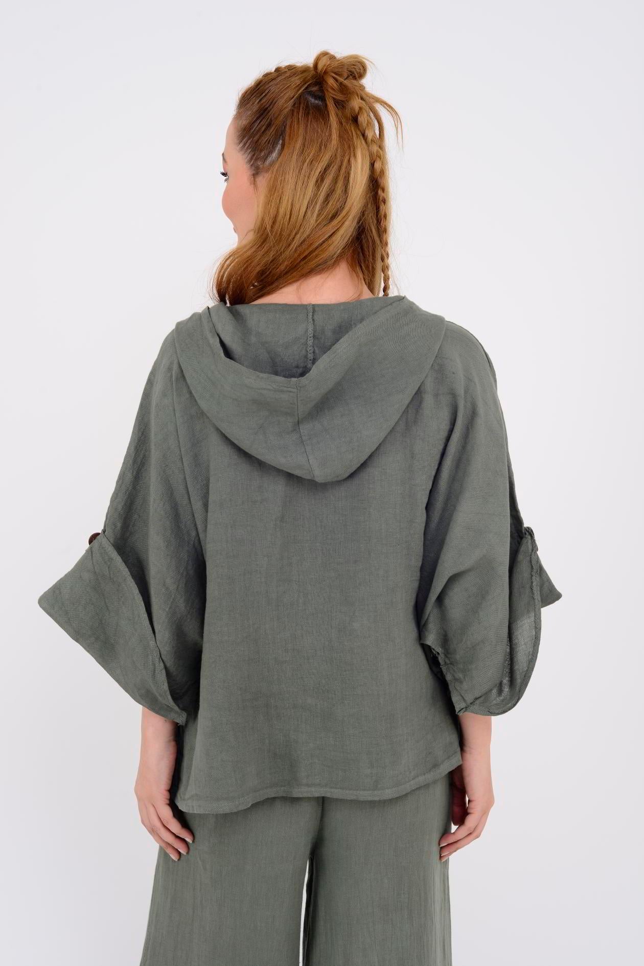 9869 YANLARI DÜĞME DETAYLI KAPÜŞONLU KETEN CEKET