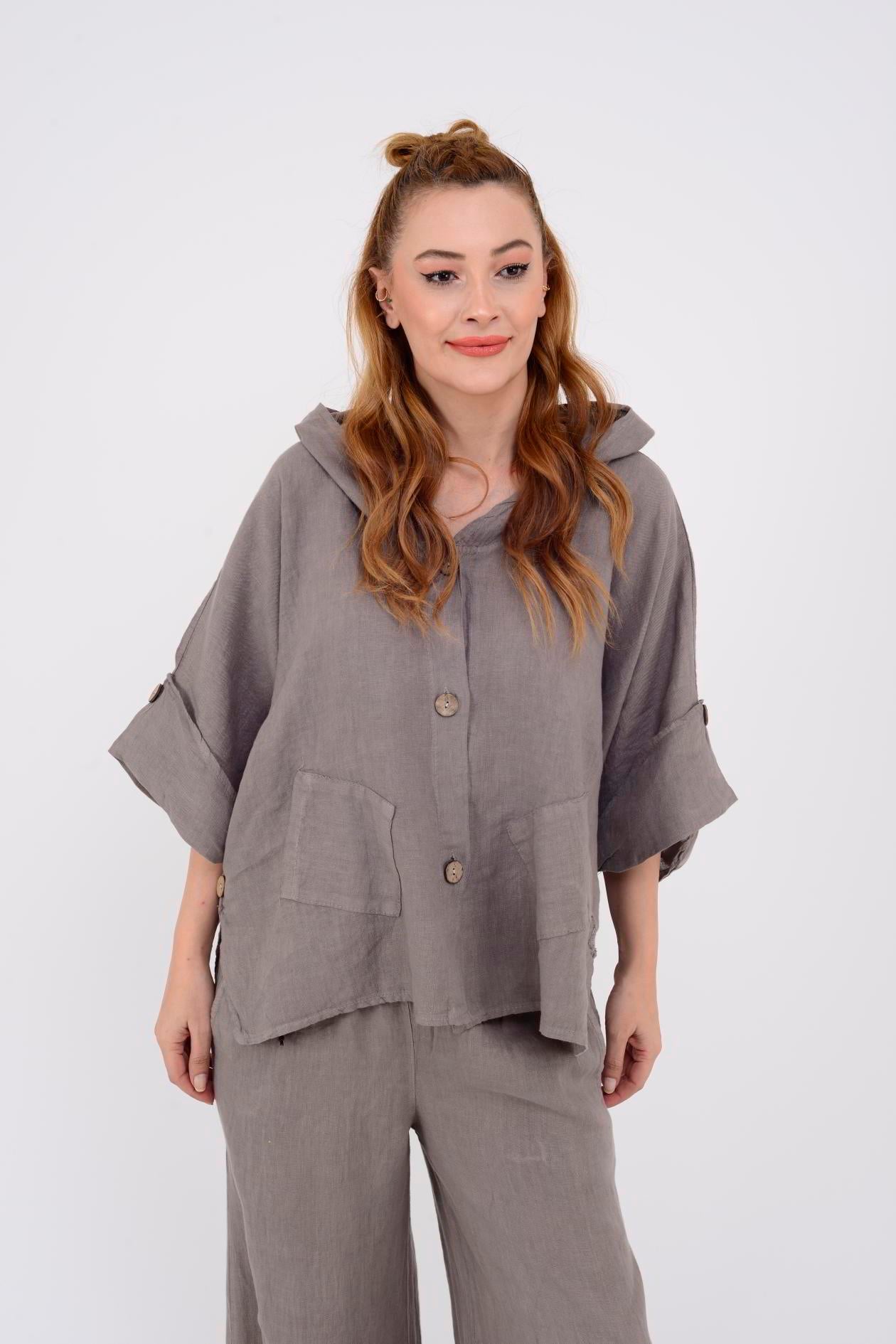 9869 YANLARI DÜĞME DETAYLI KAPÜŞONLU KETEN CEKET