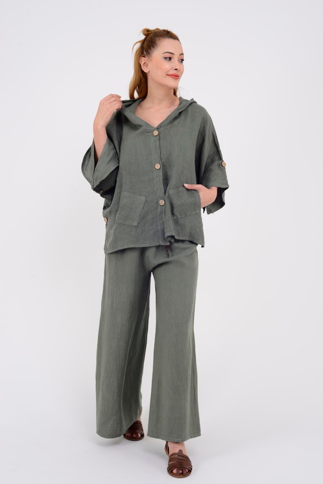 9869 YANLARI DÜĞME DETAYLI KAPÜŞONLU KETEN CEKET