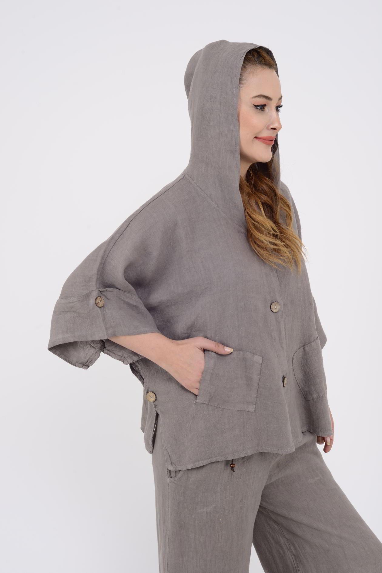 9869 YANLARI DÜĞME DETAYLI KAPÜŞONLU KETEN CEKET