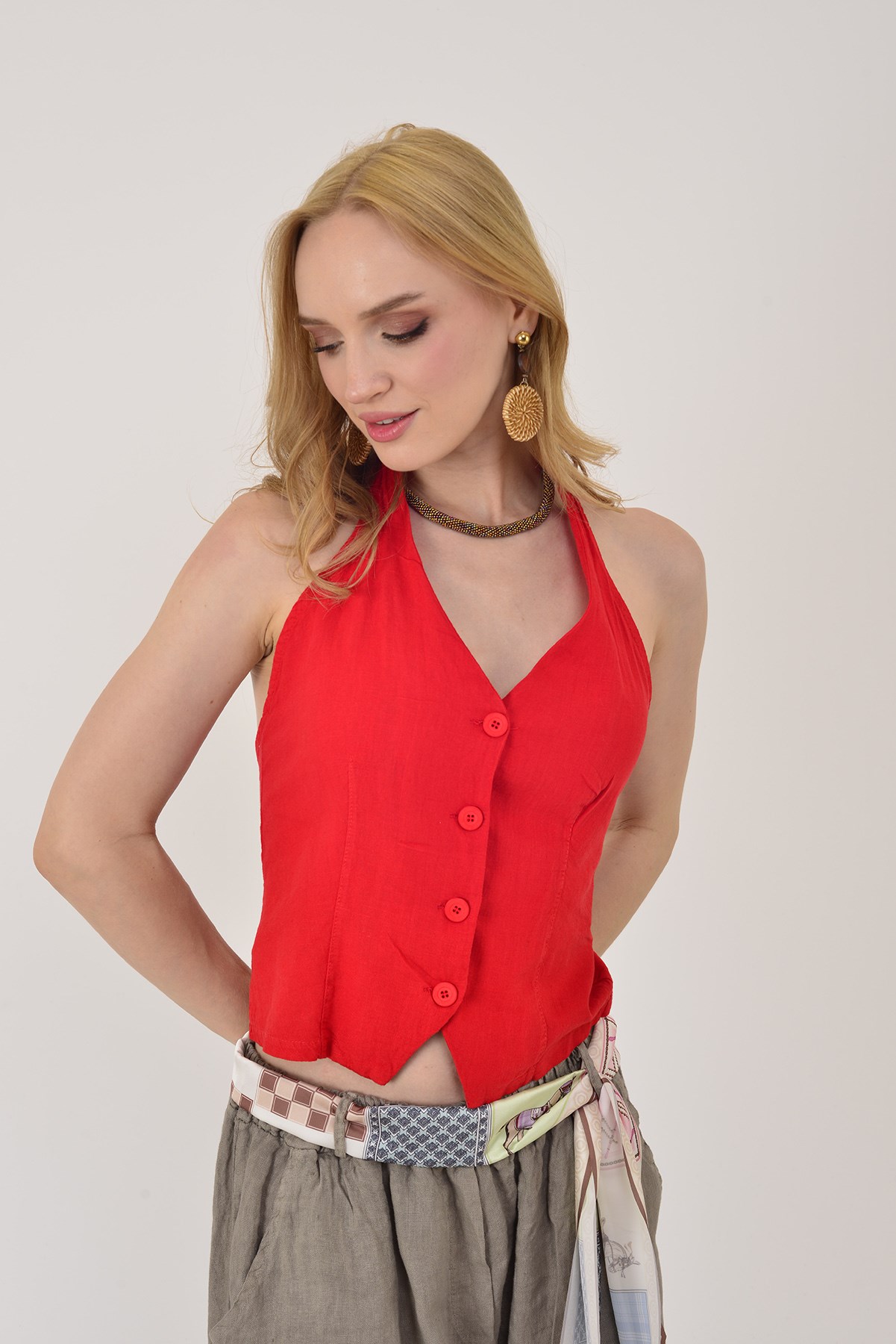 A1365 HALTER YAKA SIRT DEKOLTELİ KETEN GÖMLEK