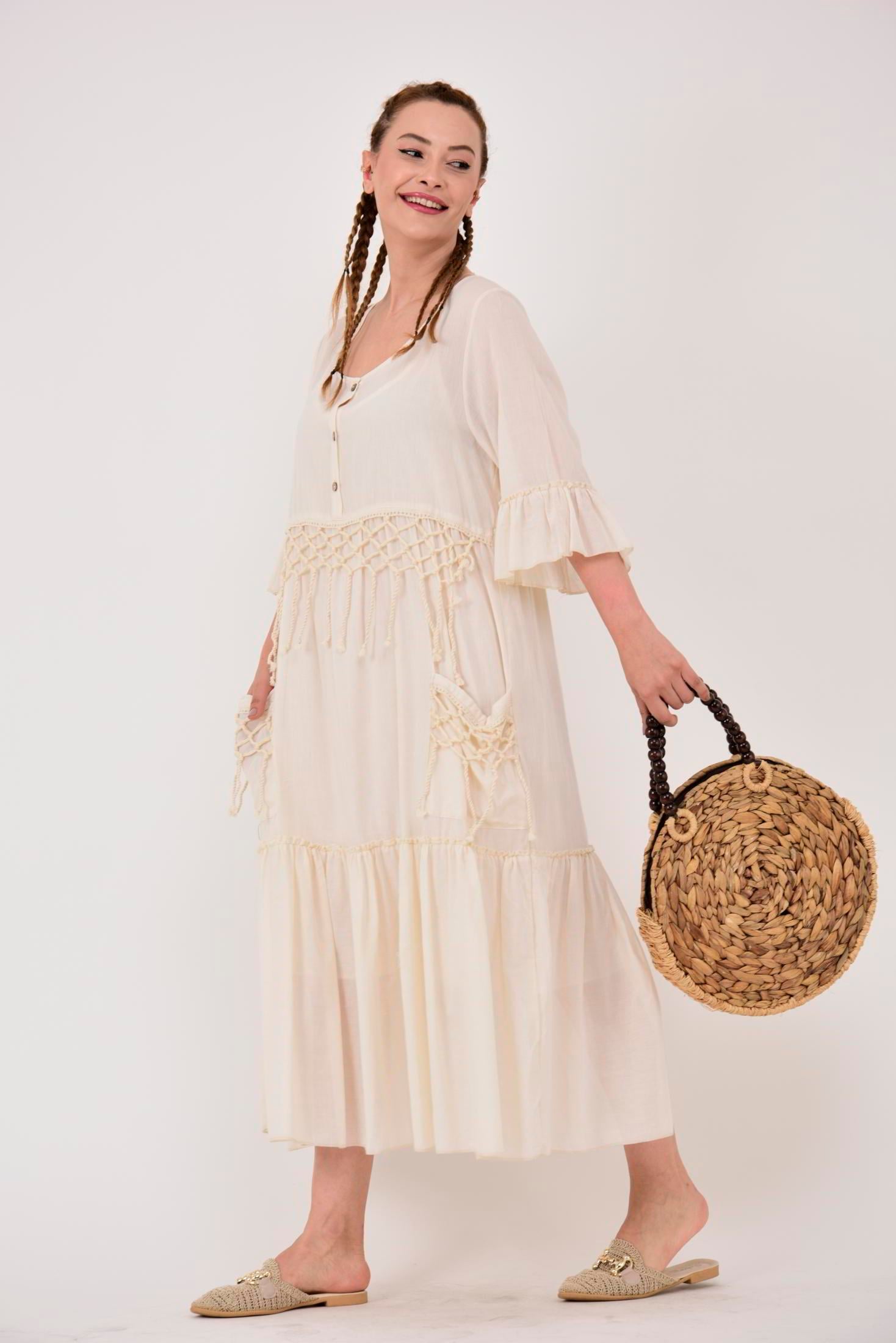 ADN5383 OYA VE PÜSKÜL DETAY HAM BOHO ELBİSE