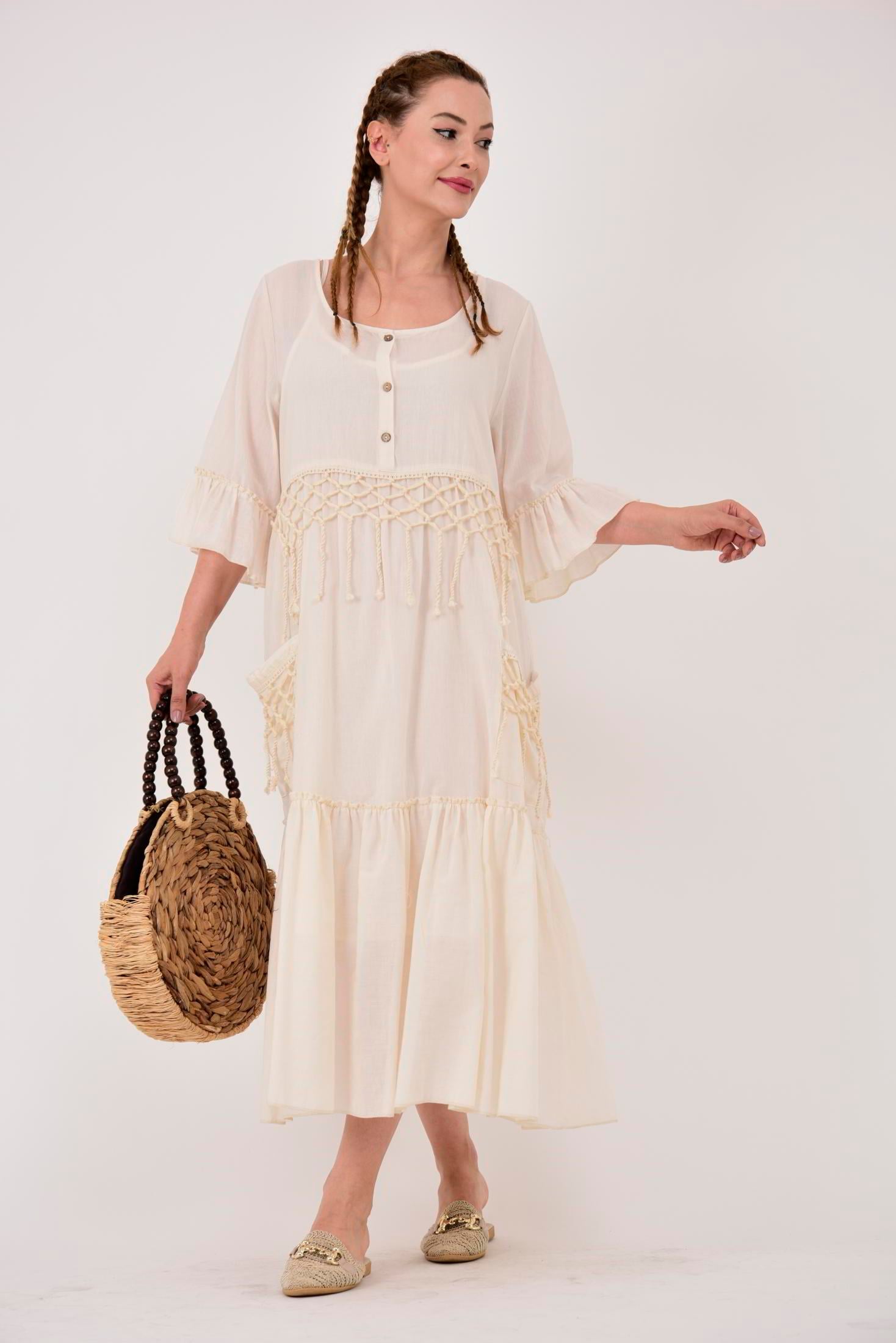 ADN5383 OYA VE PÜSKÜL DETAY HAM BOHO ELBİSE