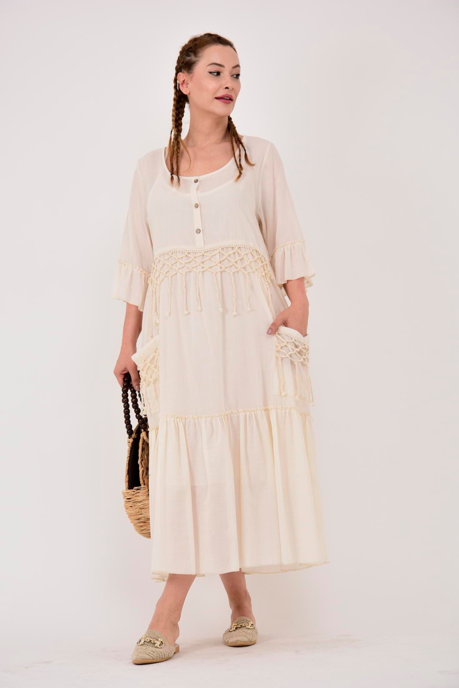 ADN5383 OYA VE PÜSKÜL DETAY HAM BOHO ELBİSE