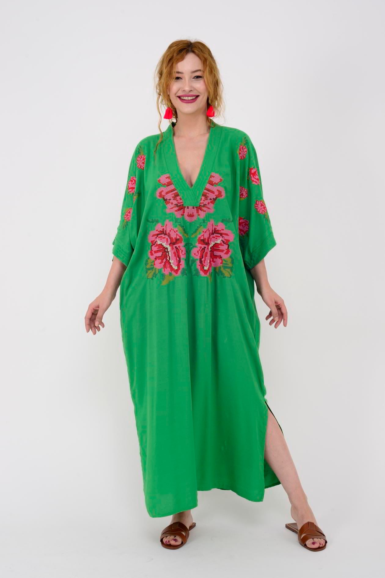 AN10391 GÜL DESEN V YAKA ELBİSE