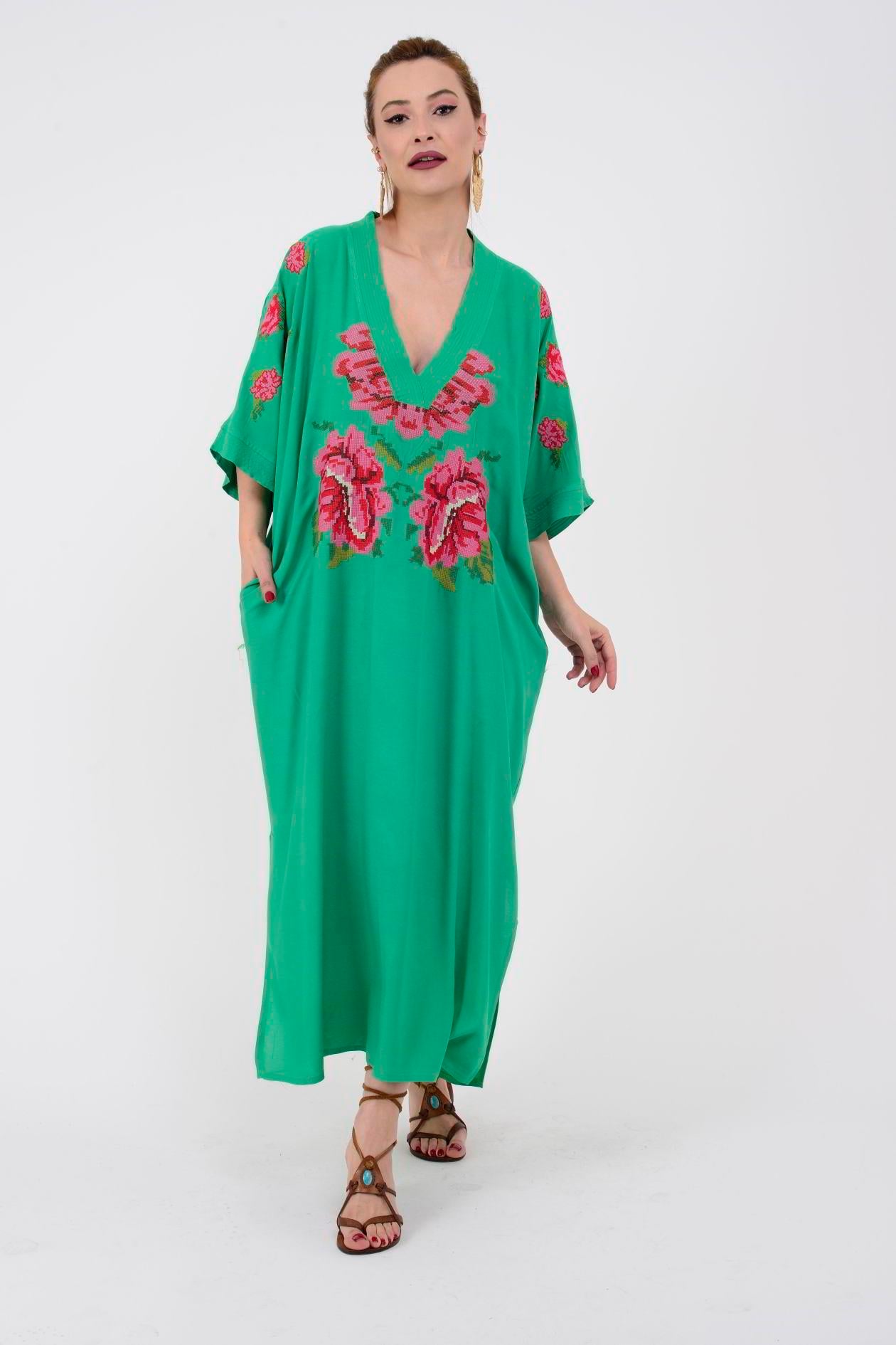 AN10391 GÜL DESEN V YAKA ELBİSE