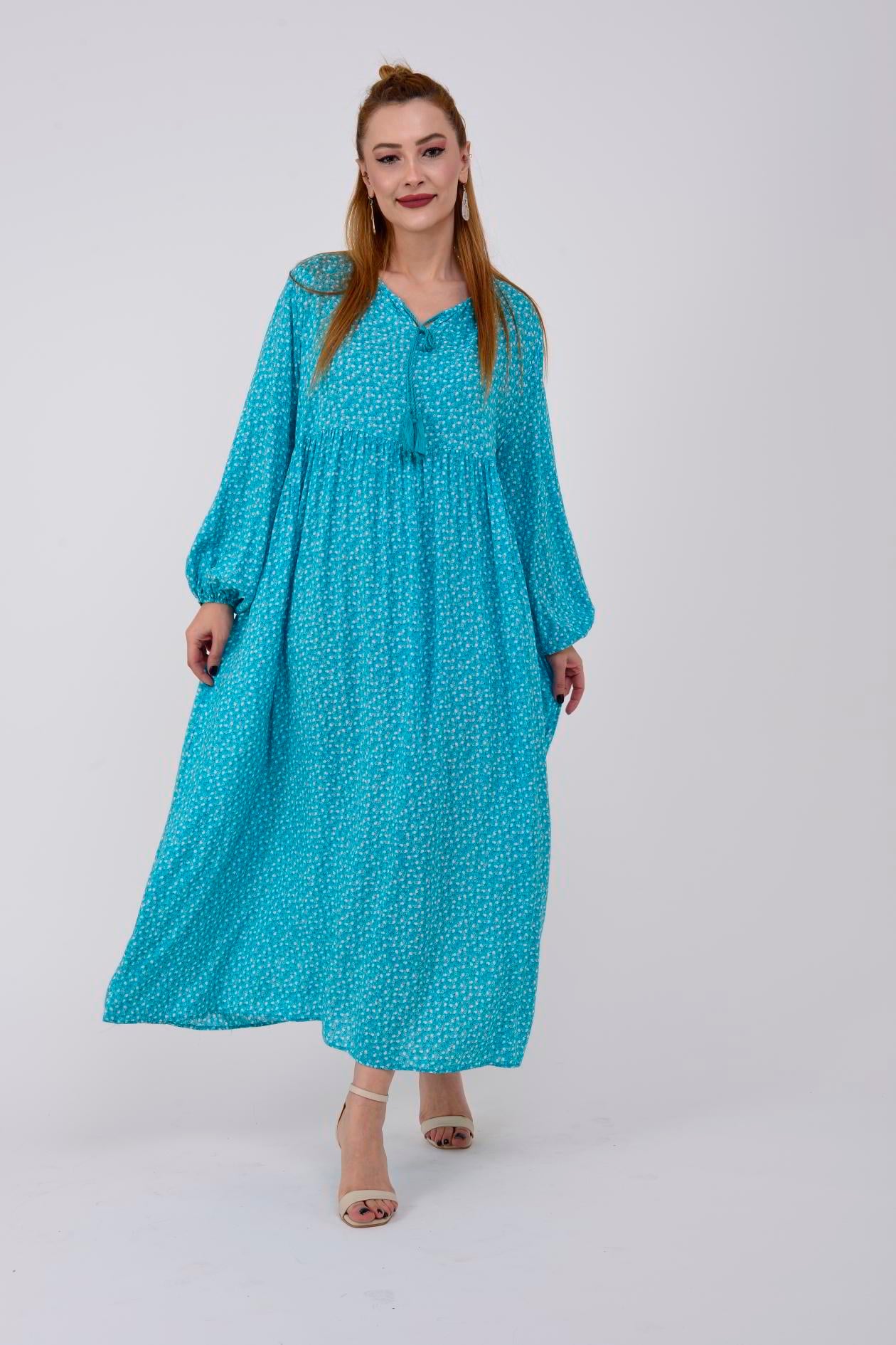 AN10494 PONPONLU ÇITIR ÇİÇEK DESEN ELBİSE
